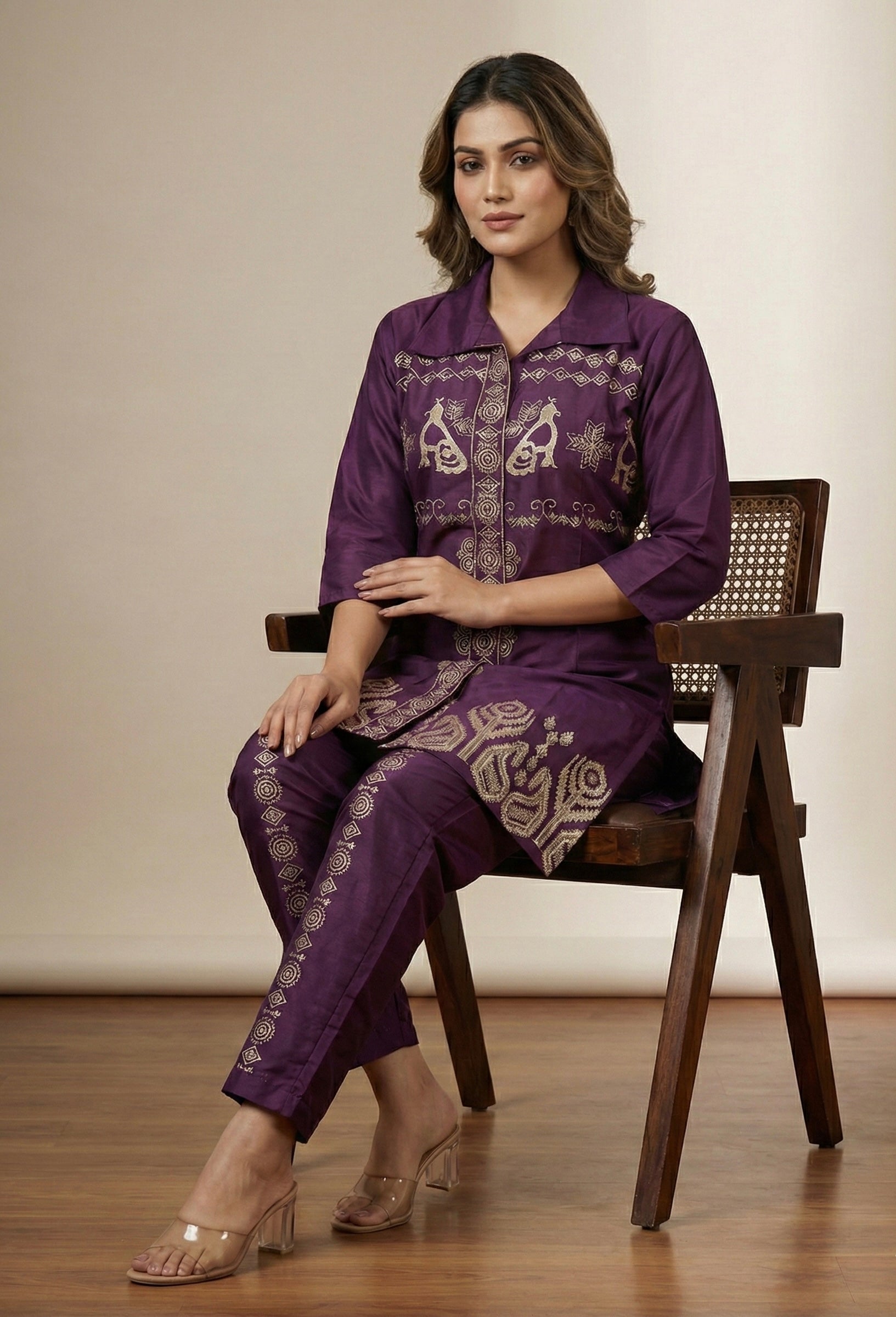 Regal Embroidered Coord Set in Roman Silk – Wine & Maroon Shades