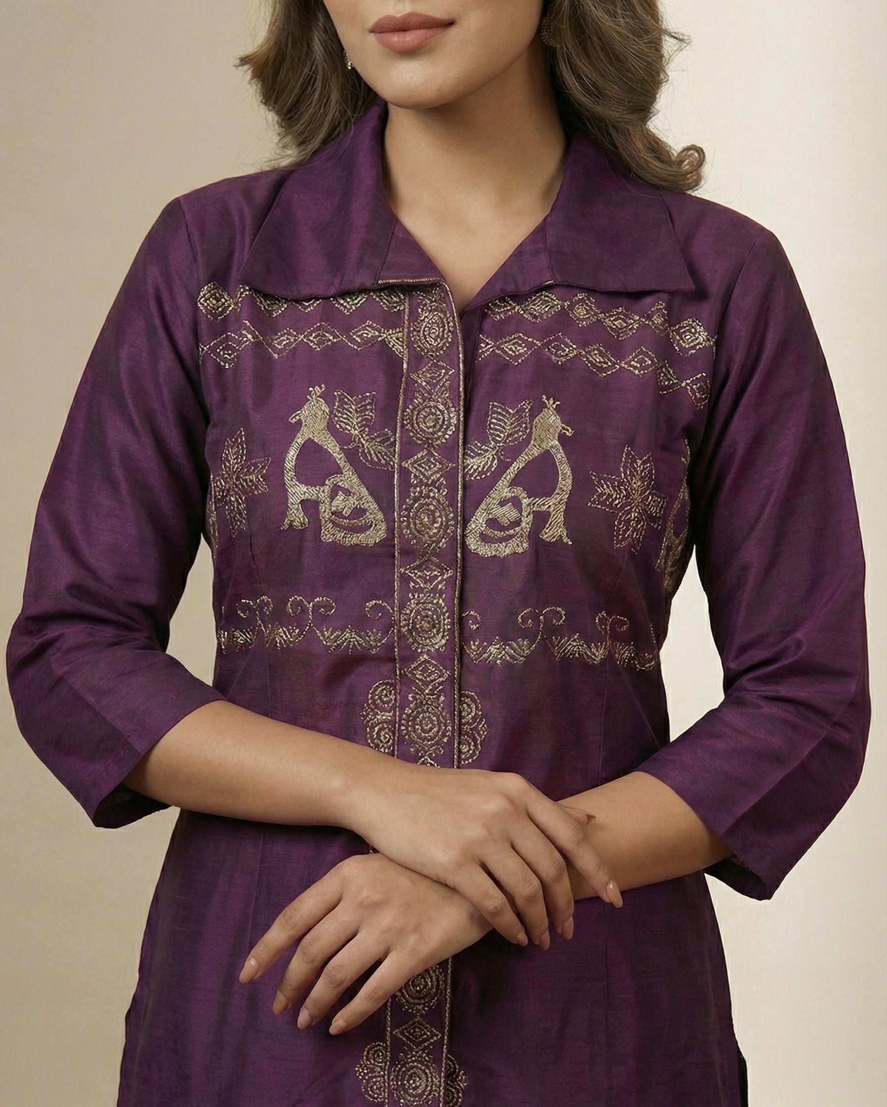 Regal Embroidered Coord Set in Roman Silk – Wine & Maroon Shades