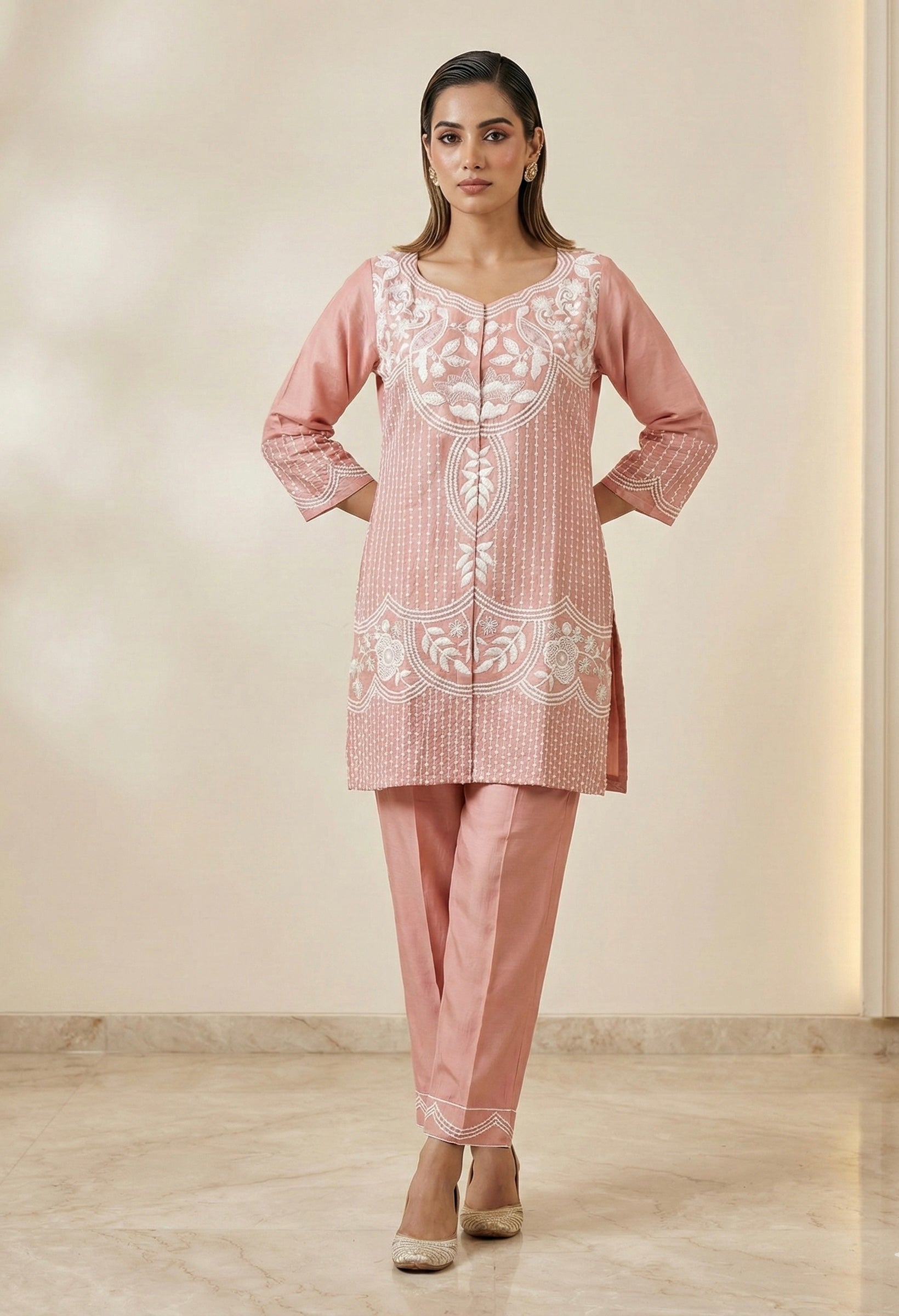 Blush Pink Roman Silk Embroidered Coord Set