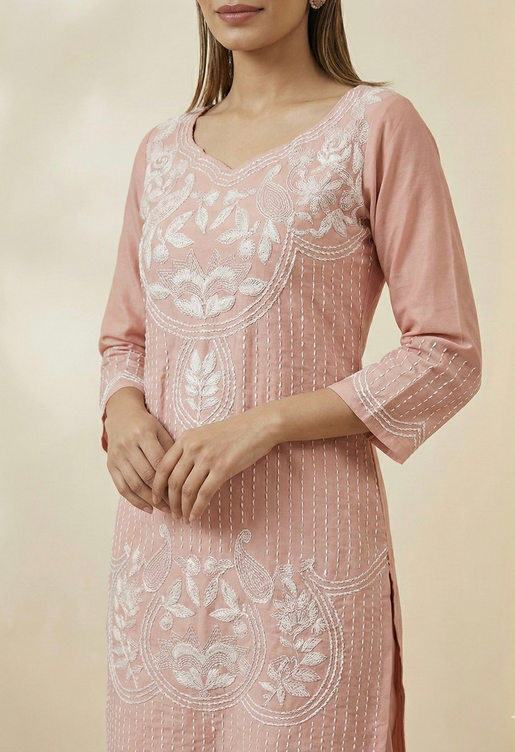 Blush Pink Roman Silk Embroidered Coord Set