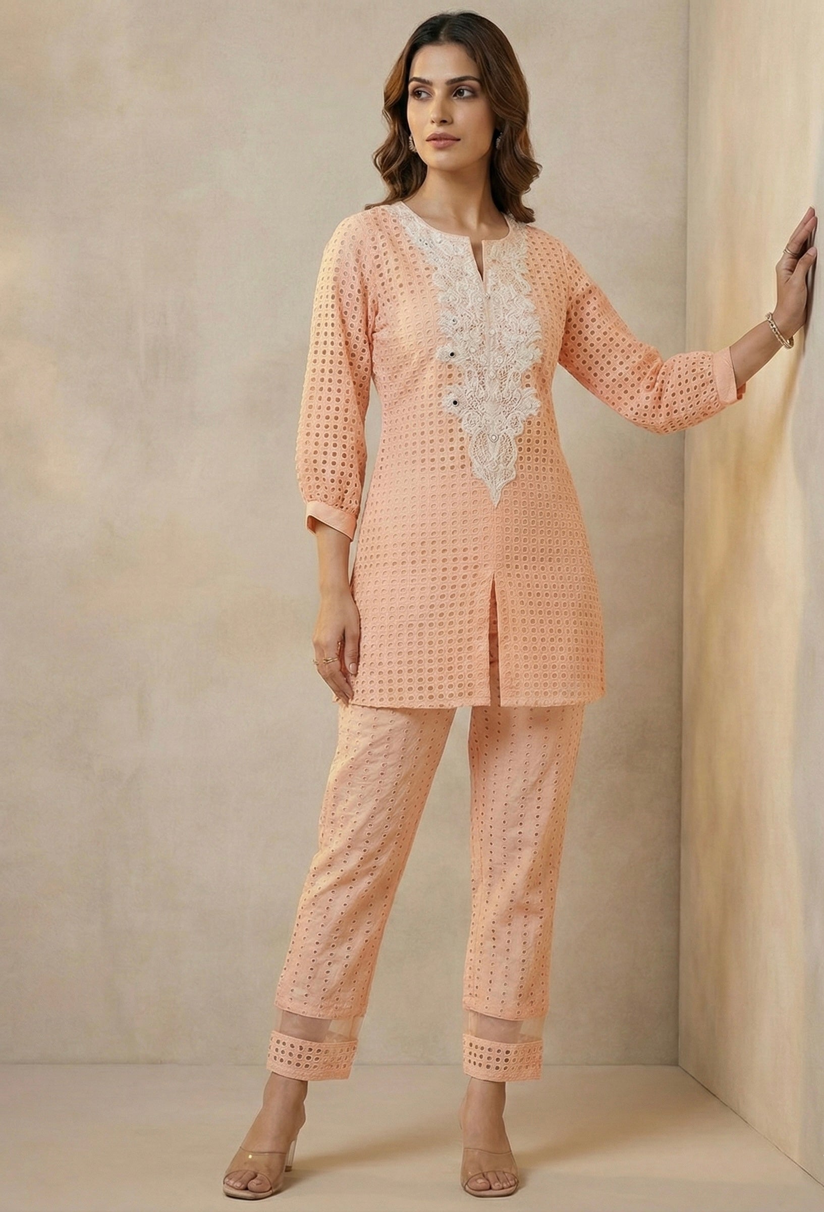 Gulnaar Blush Pink Coord Set with Cutwork & Embroidered Yoke |Signature Collection