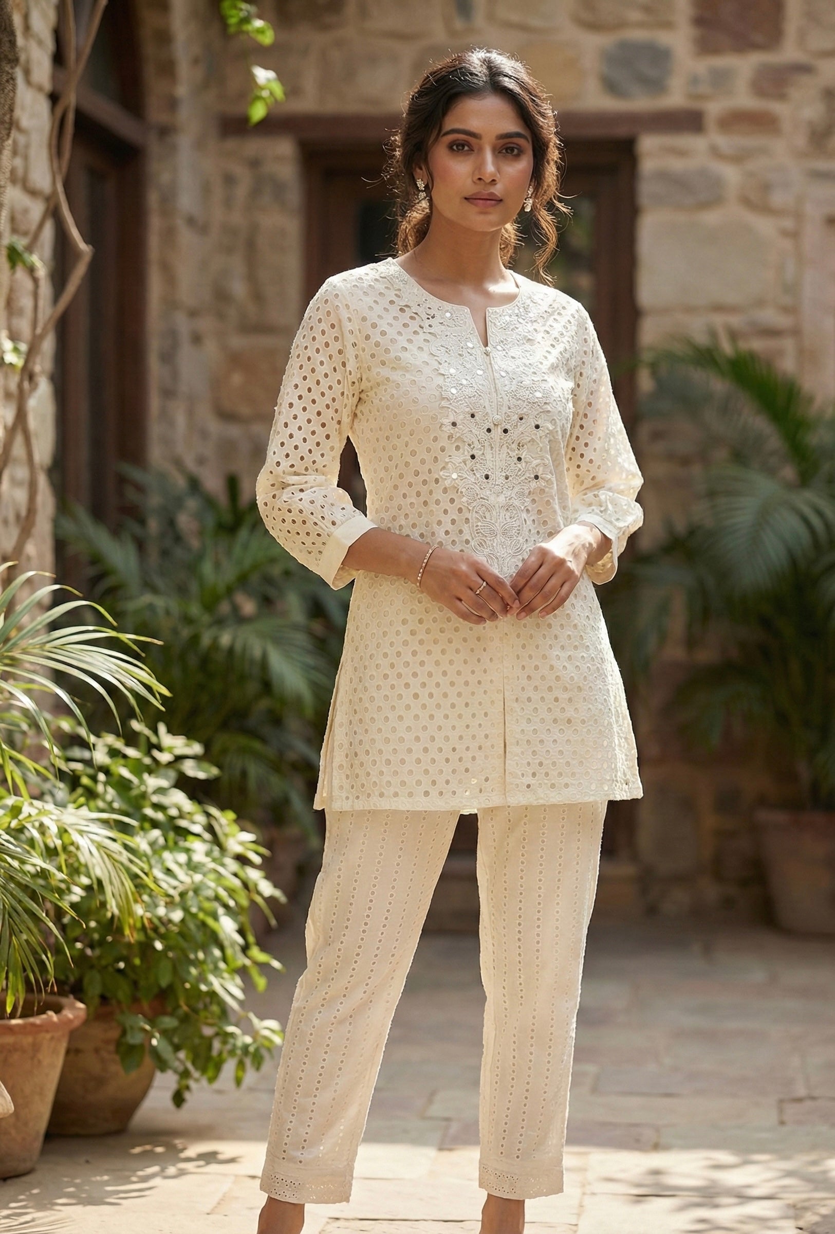 Safa White Cotton Coord Set with Embroidery & Pocket Pants |Signature Collection