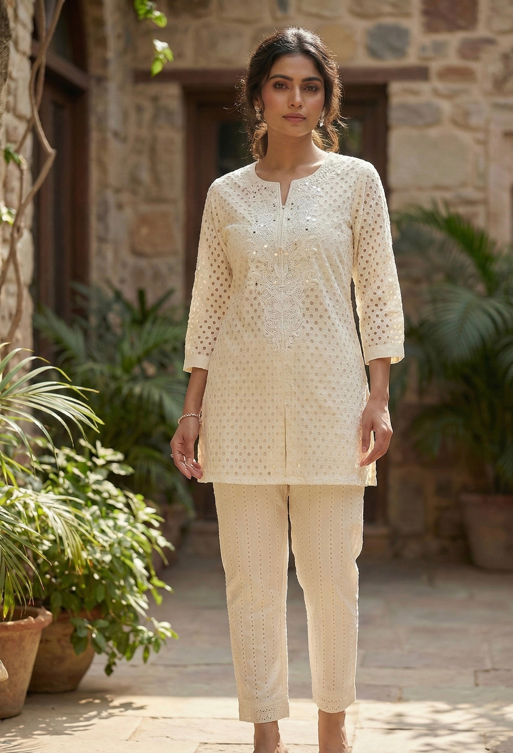 Safa White Cotton Coord Set with Embroidery & Pocket Pants |Signature Collection