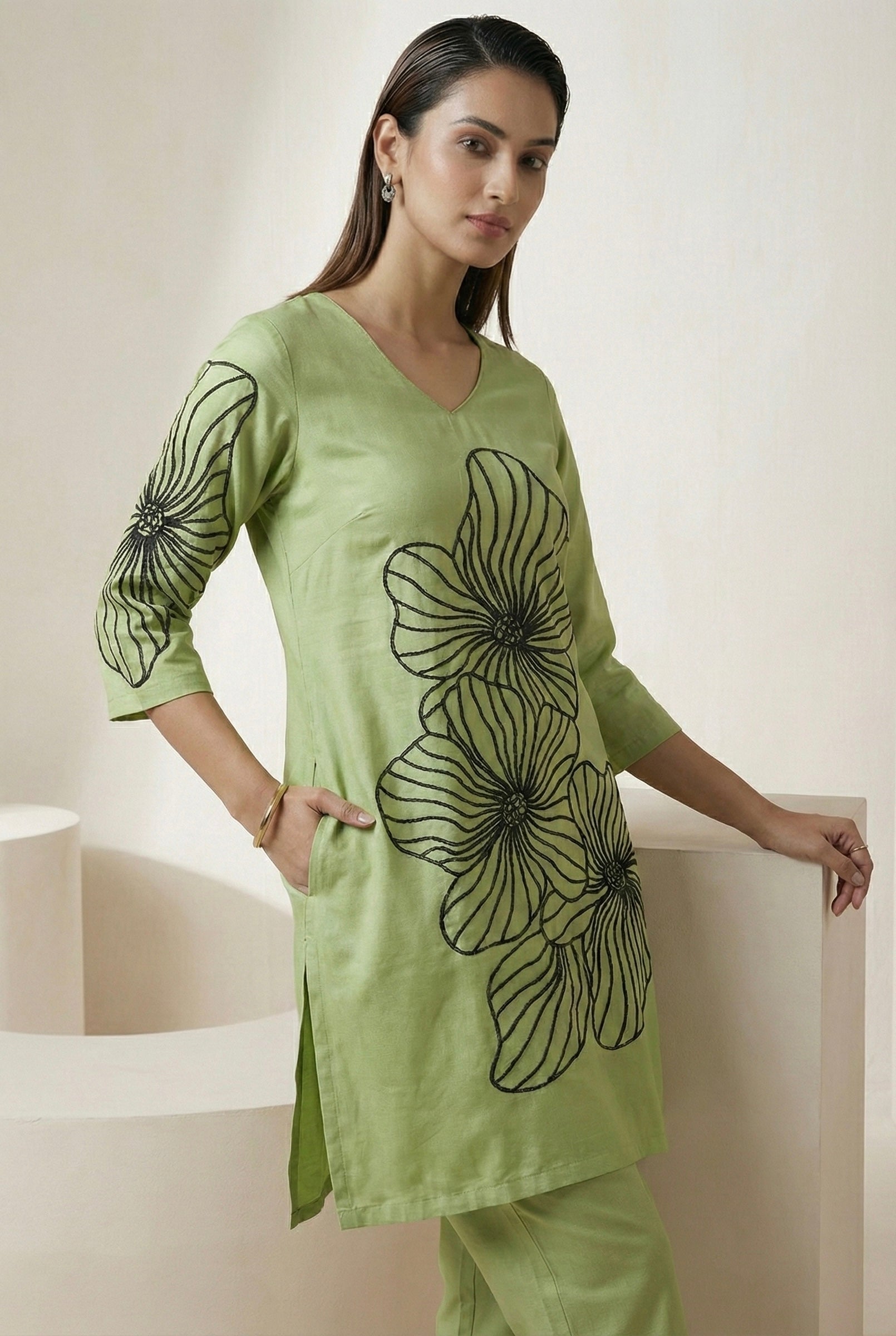 Roman Silk Coord Set with Black Floral Embroidery & American Cotton Inner