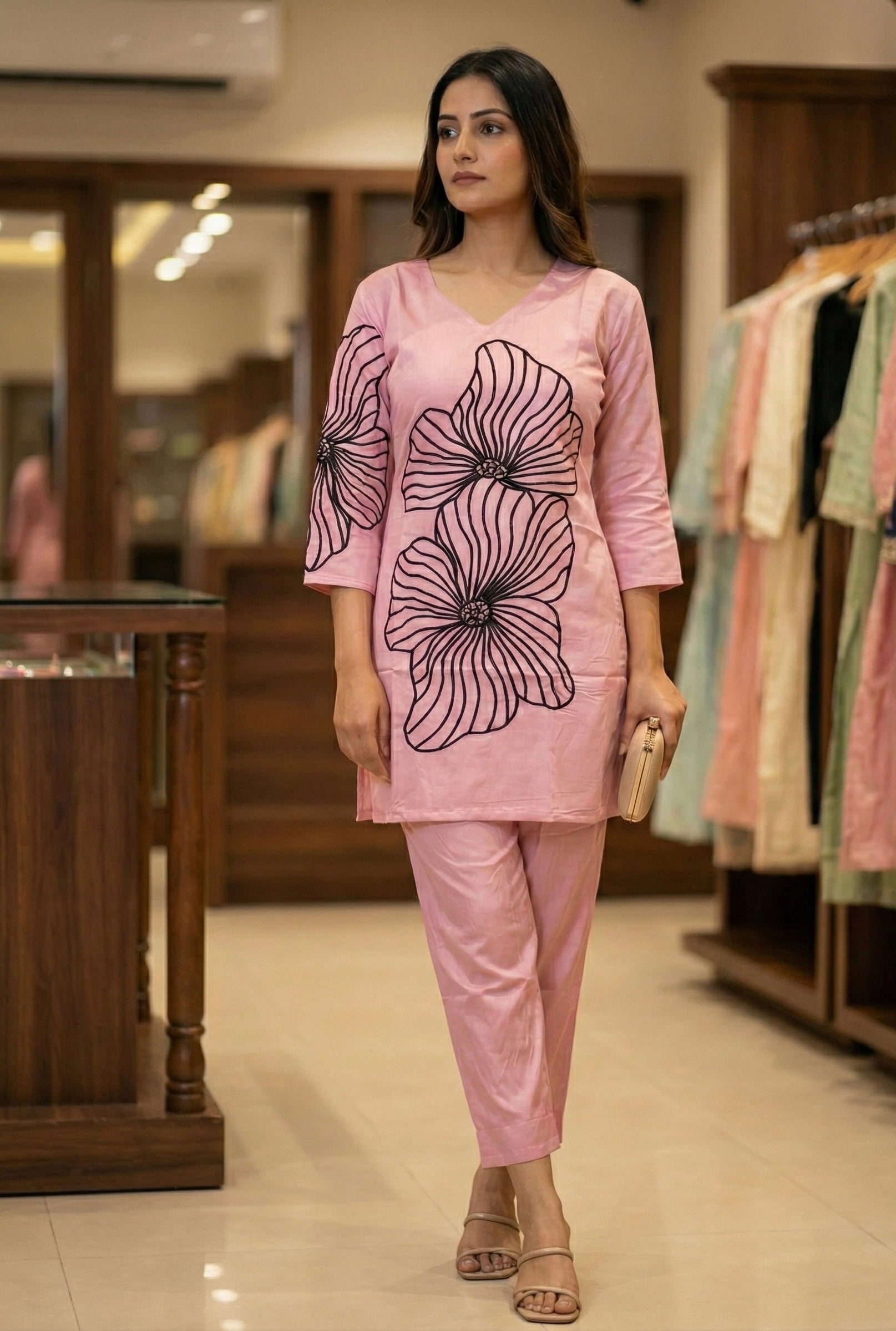 Roman Silk Coord Set with Black Floral Embroidery & American Cotton Inner