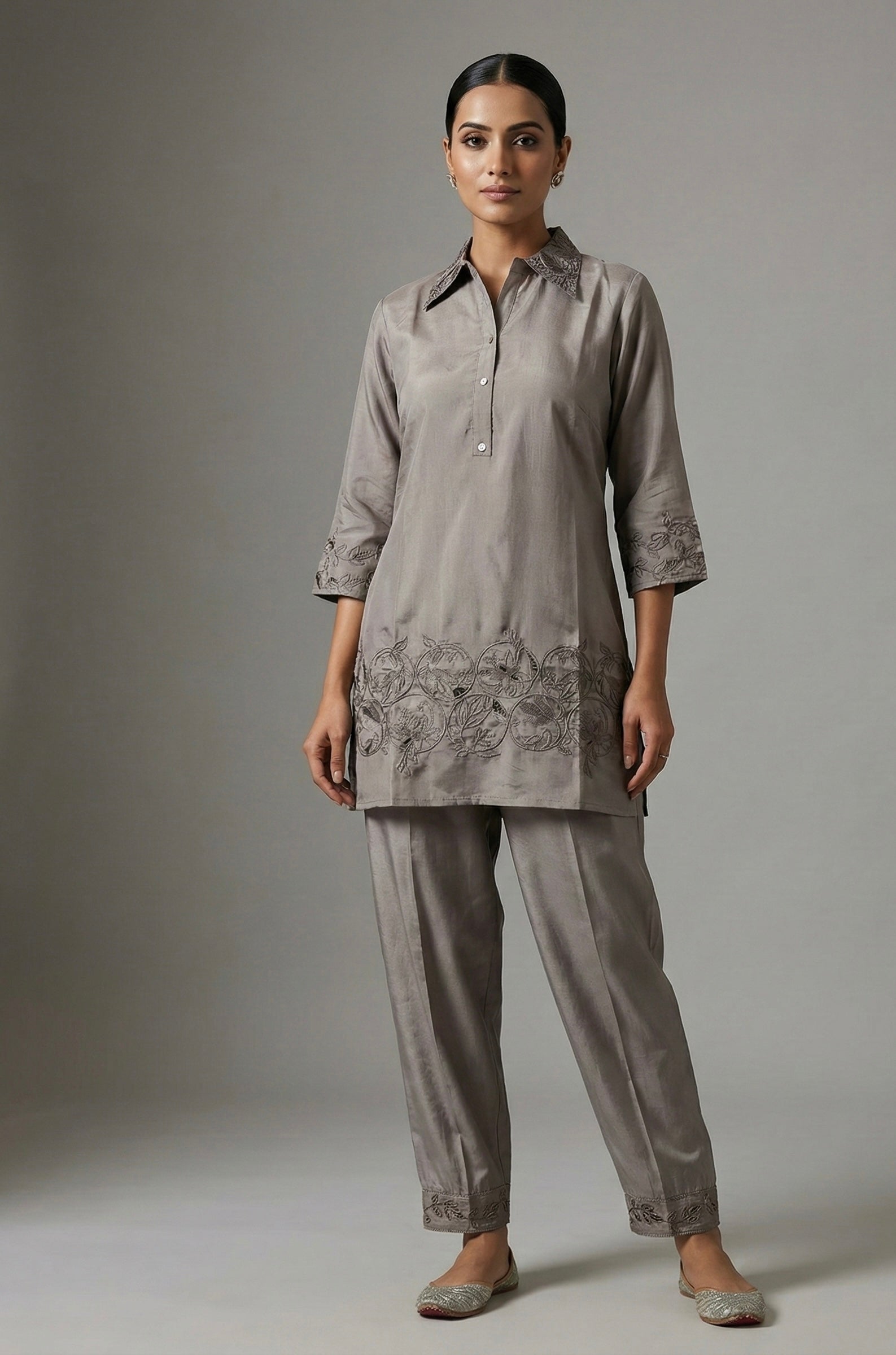 Ziva Cutwork Coord Set β Roman Silk | M to XXL