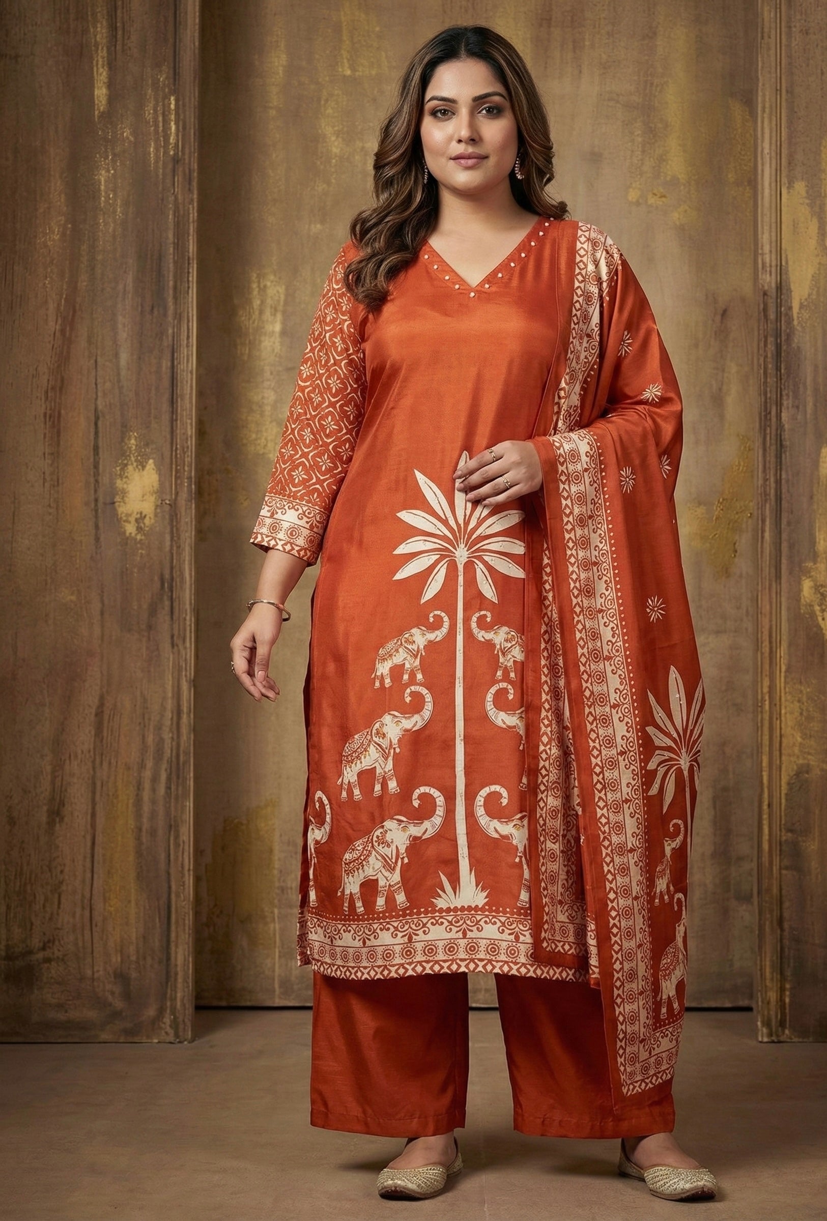 The Rustic Royal: Pure Russian Silk Elephant Motif Set with Handwork Detail