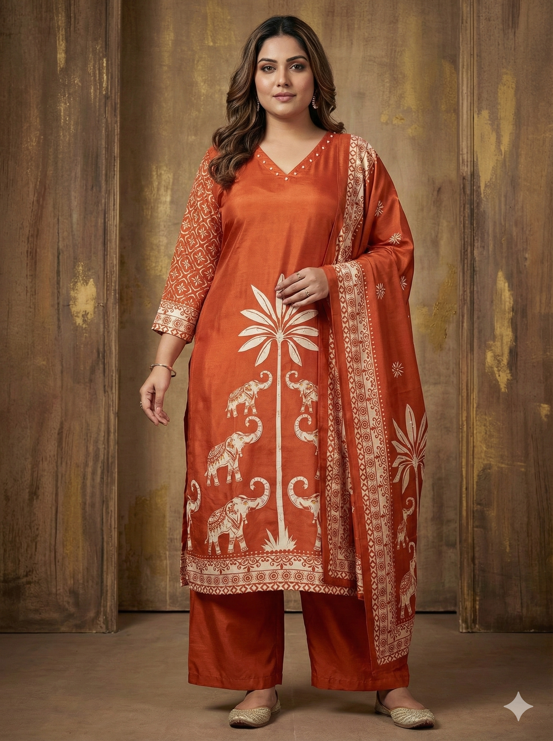 The Rustic Royal: Pure Russian Silk Elephant Motif Set with Handwork Detail