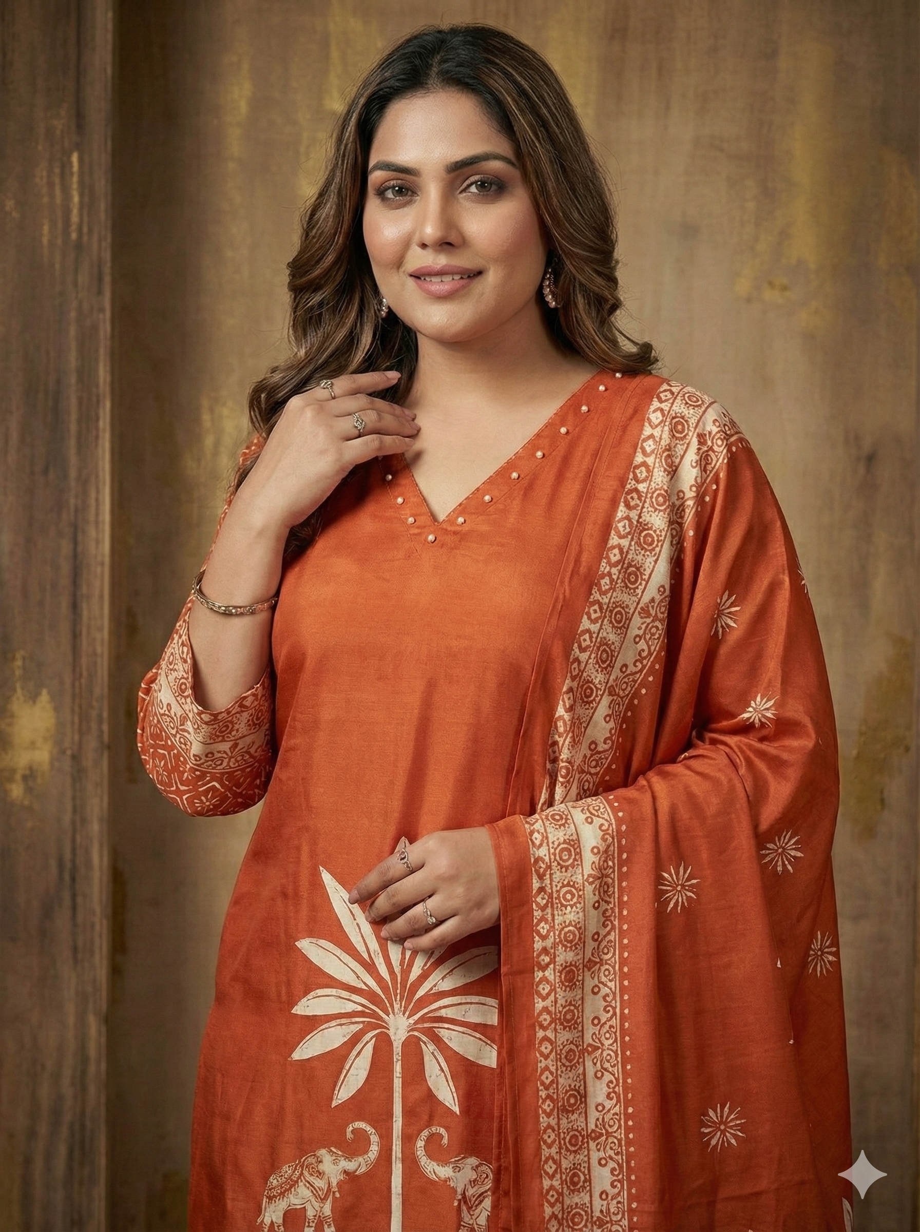 The Rustic Royal: Pure Russian Silk Elephant Motif Set with Handwork Detail