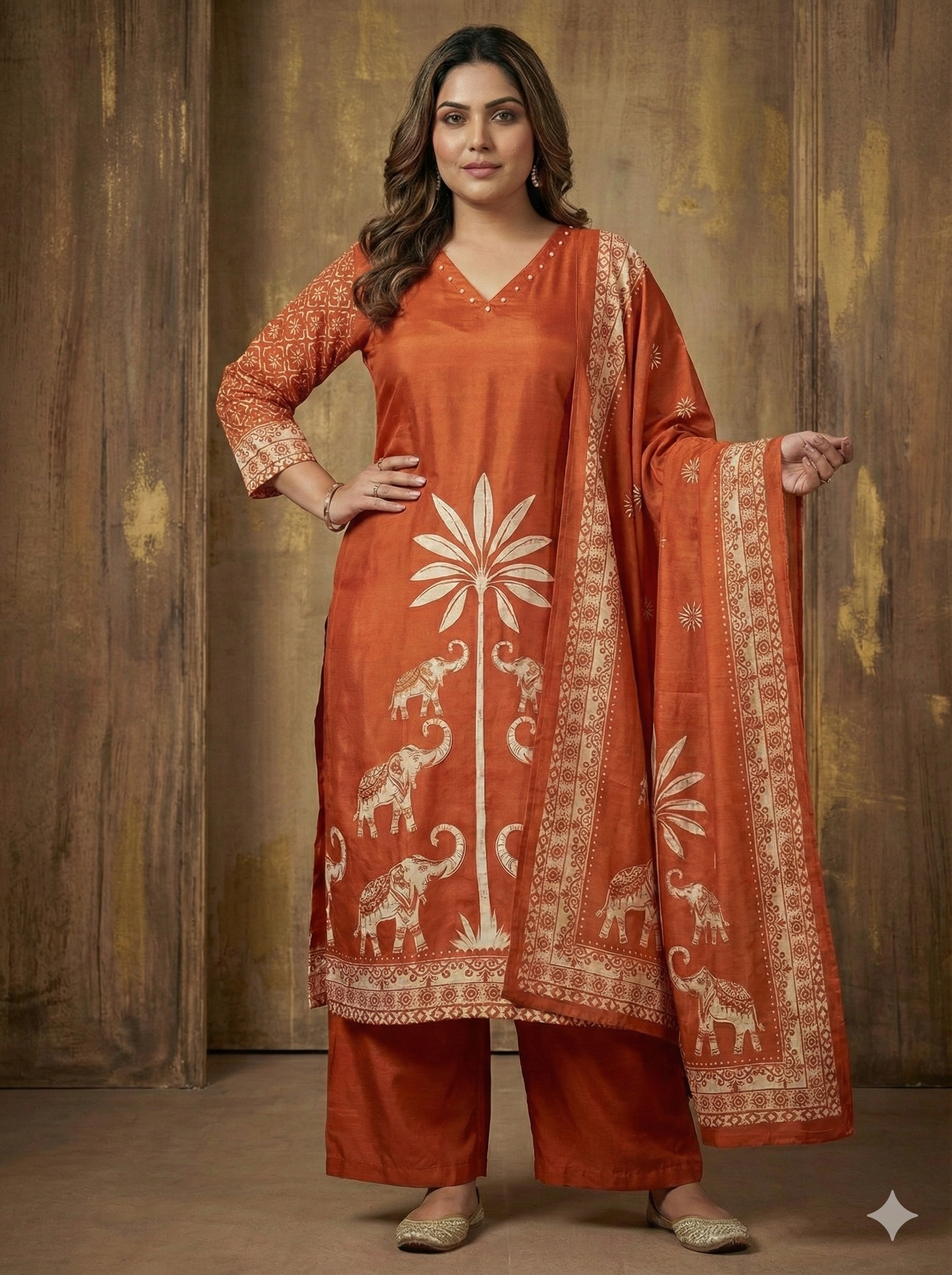 The Rustic Royal: Pure Russian Silk Elephant Motif Set with Handwork Detail