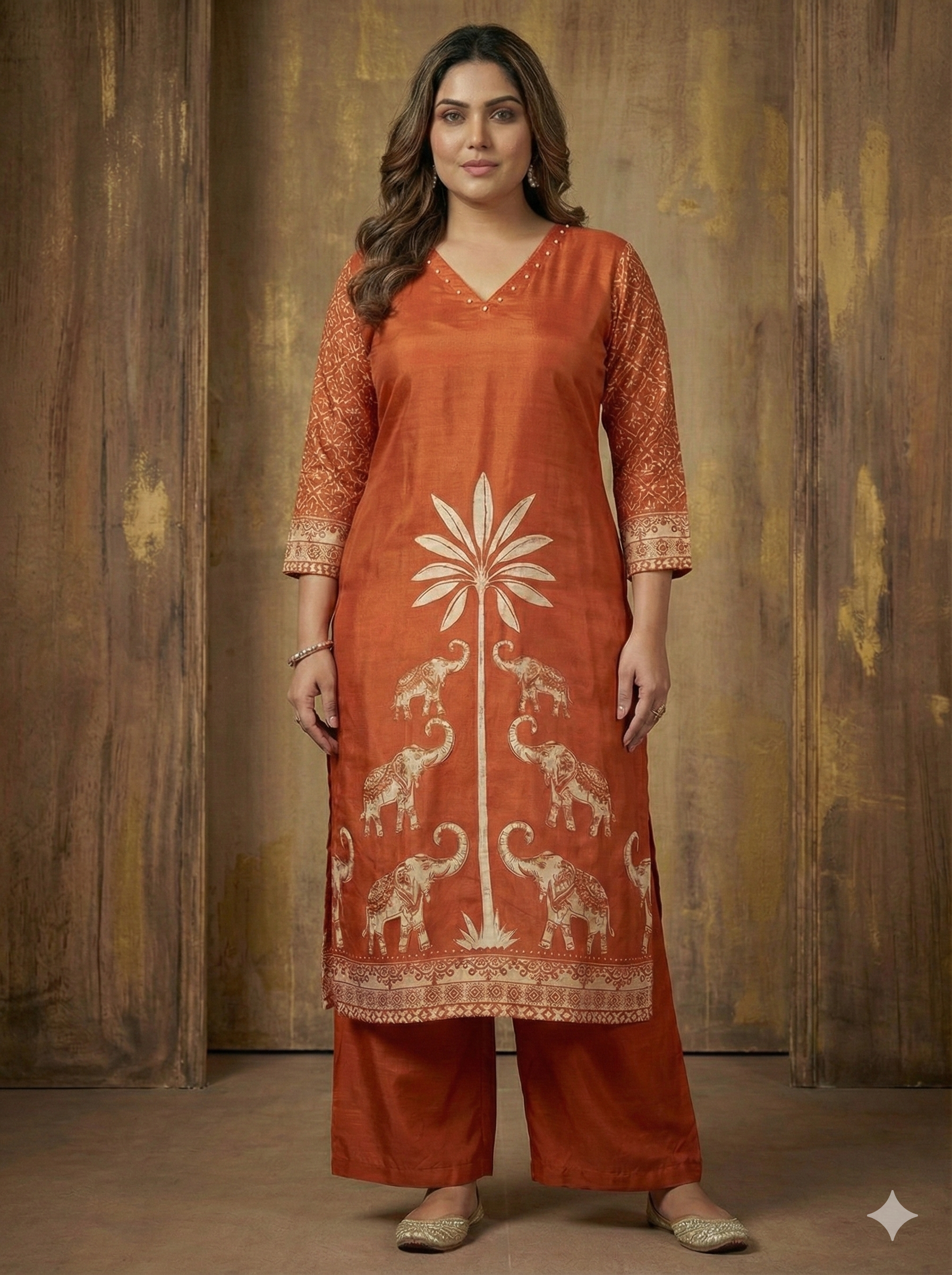 The Rustic Royal: Pure Russian Silk Elephant Motif Set with Handwork Detail