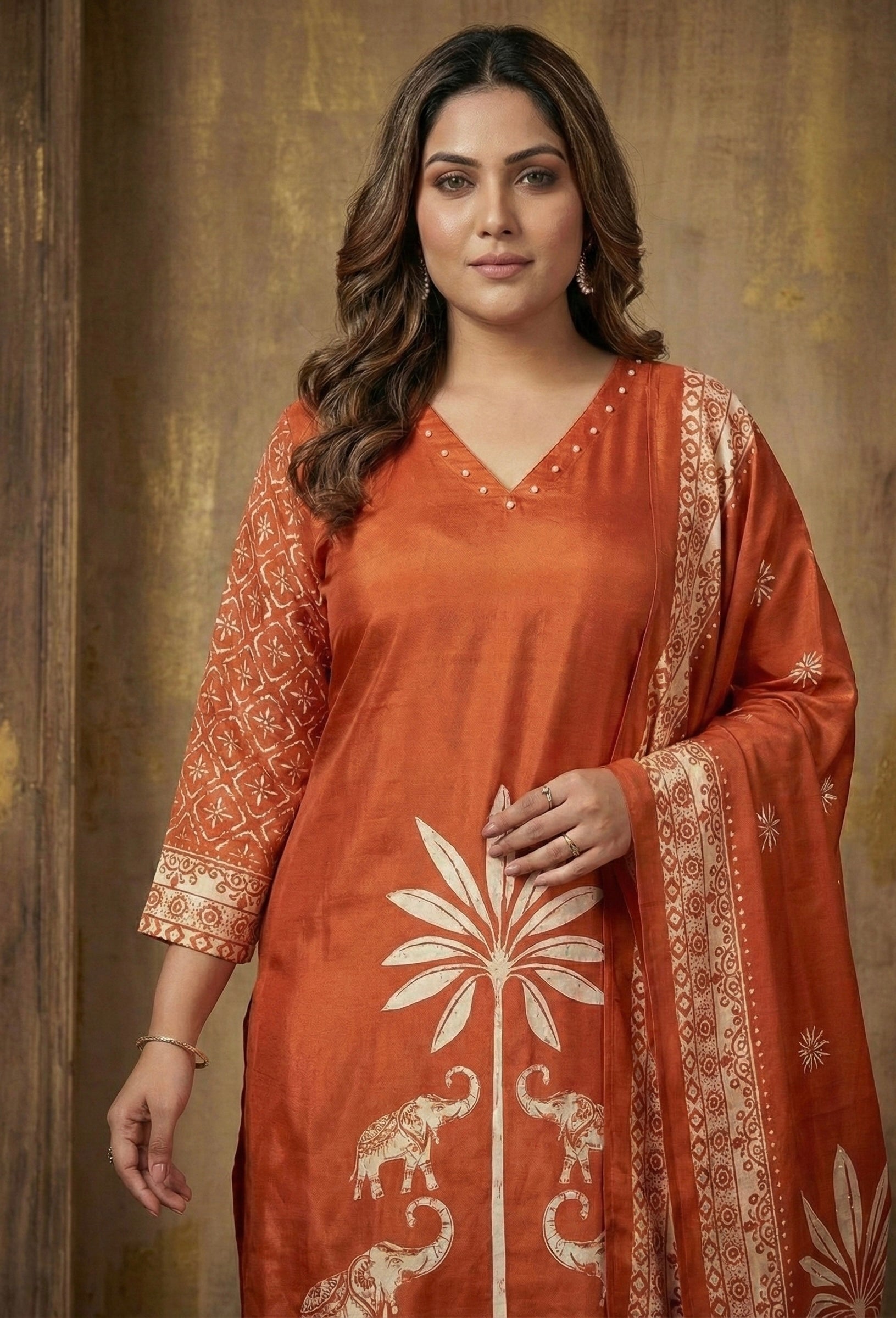 The Rustic Royal: Pure Russian Silk Elephant Motif Set with Handwork Detail