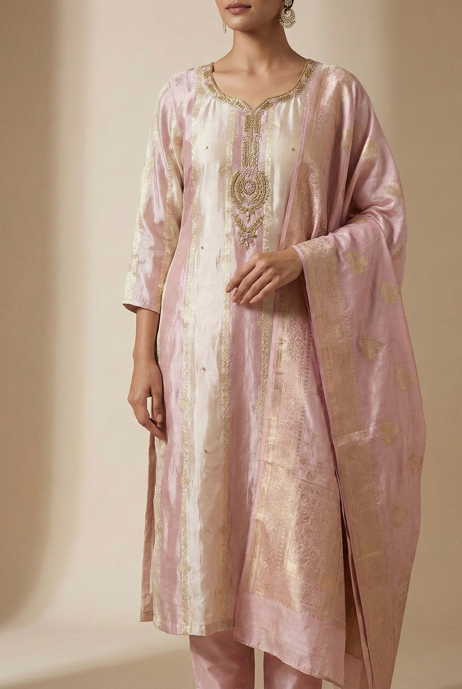 The Blush Royal: Pure Chanderi Jacquard Suit with Zardosi Work