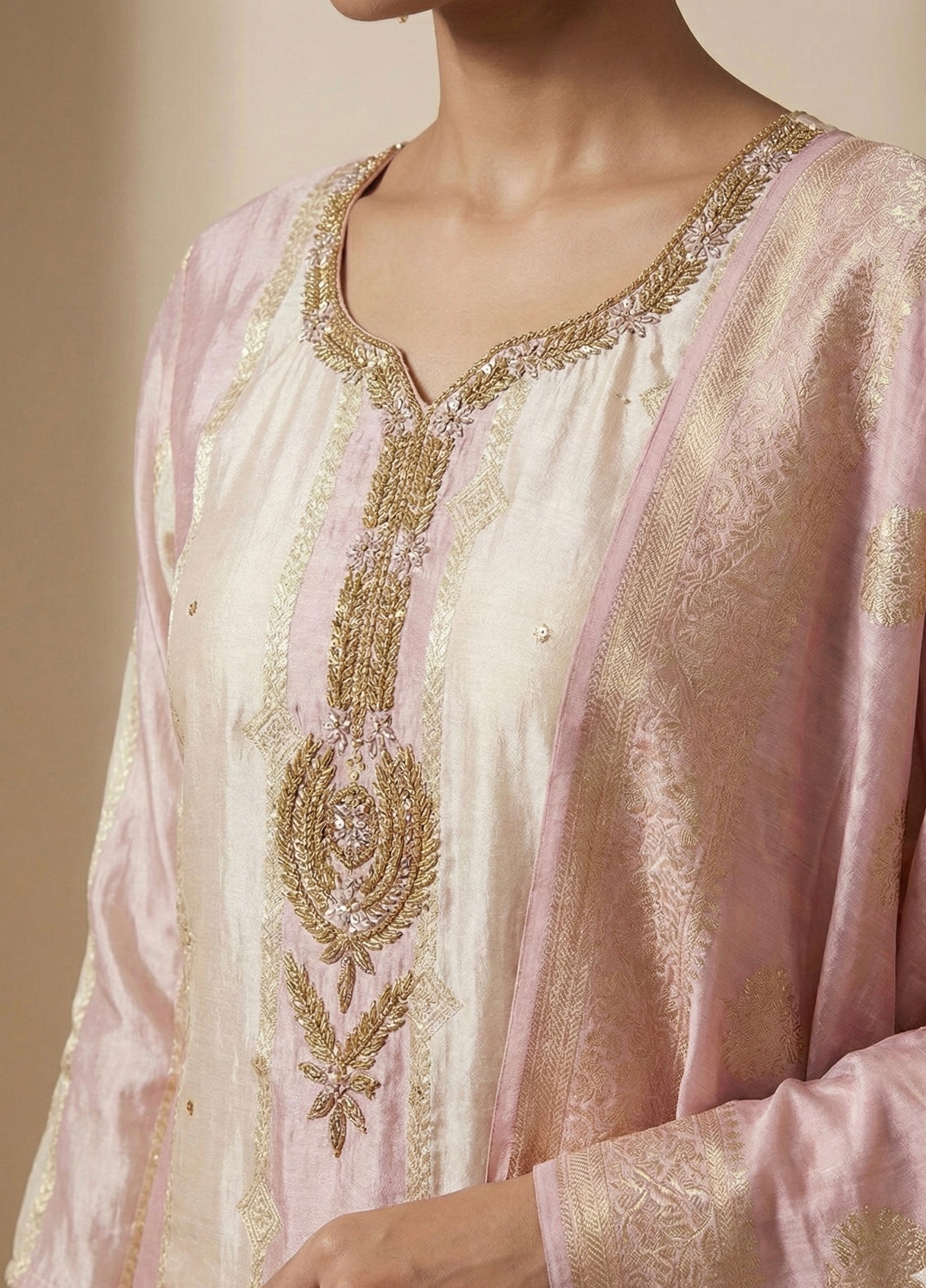 The Blush Royal: Pure Chanderi Jacquard Suit with Zardosi Work