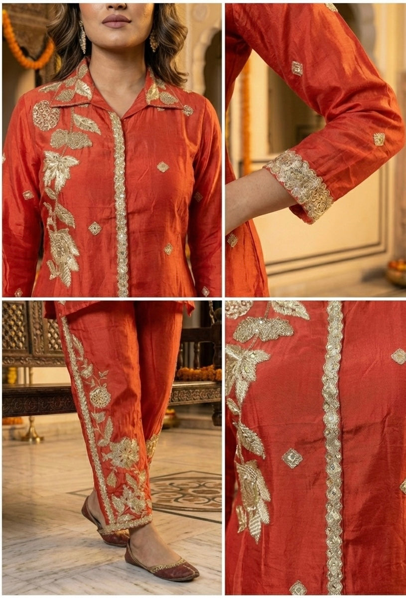 The Royal Rust: Pure Chinon Co-ord with Heavy Handwork