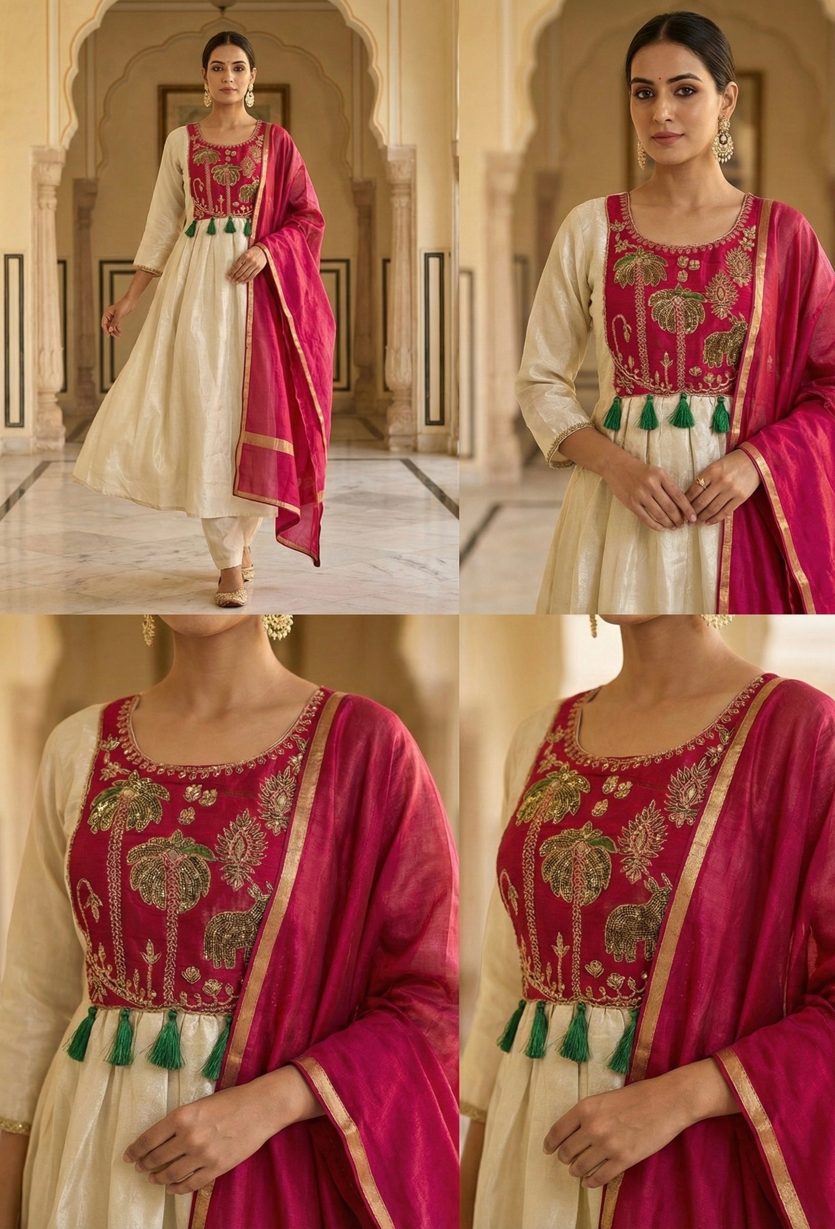 The Ivory Heritage: Tissue Jacquard Handwork Ghera Set with Glass Roman Dupatta