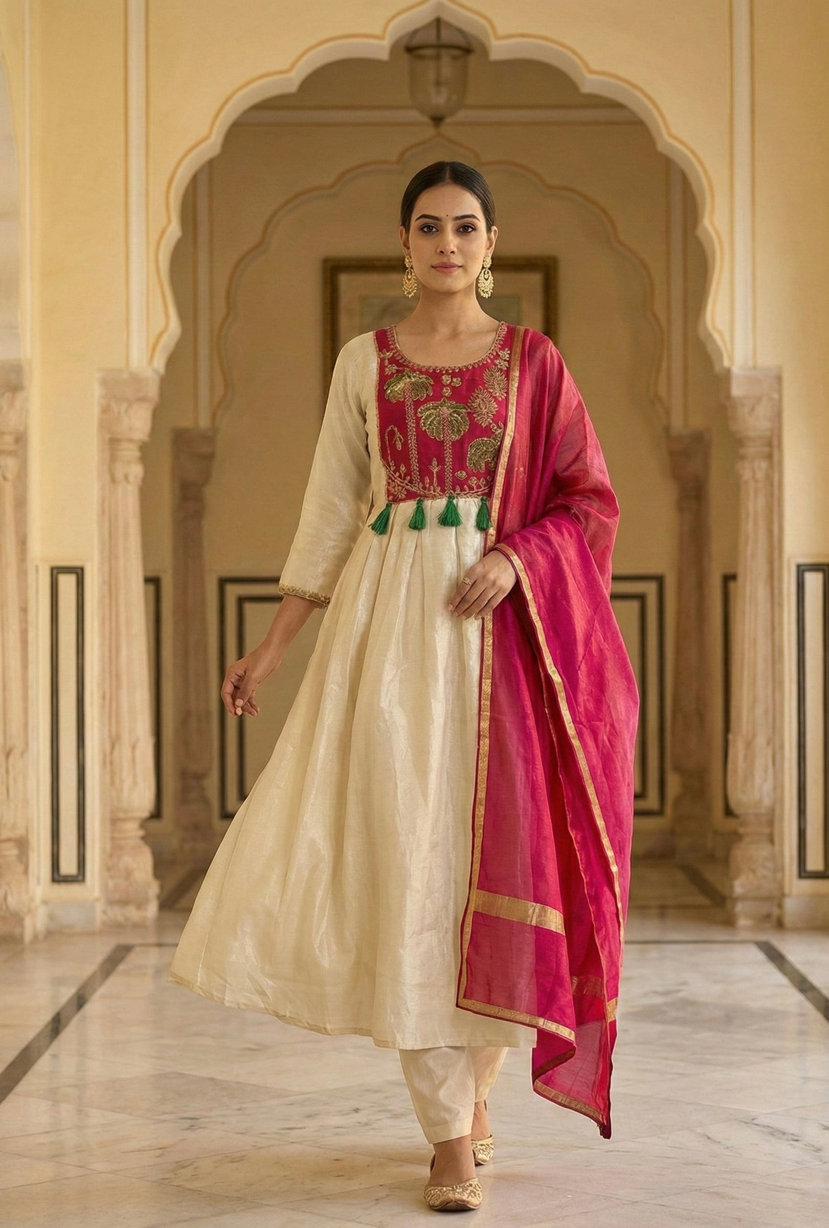 The Ivory Heritage: Tissue Jacquard Handwork Ghera Set with Glass Roman Dupatta