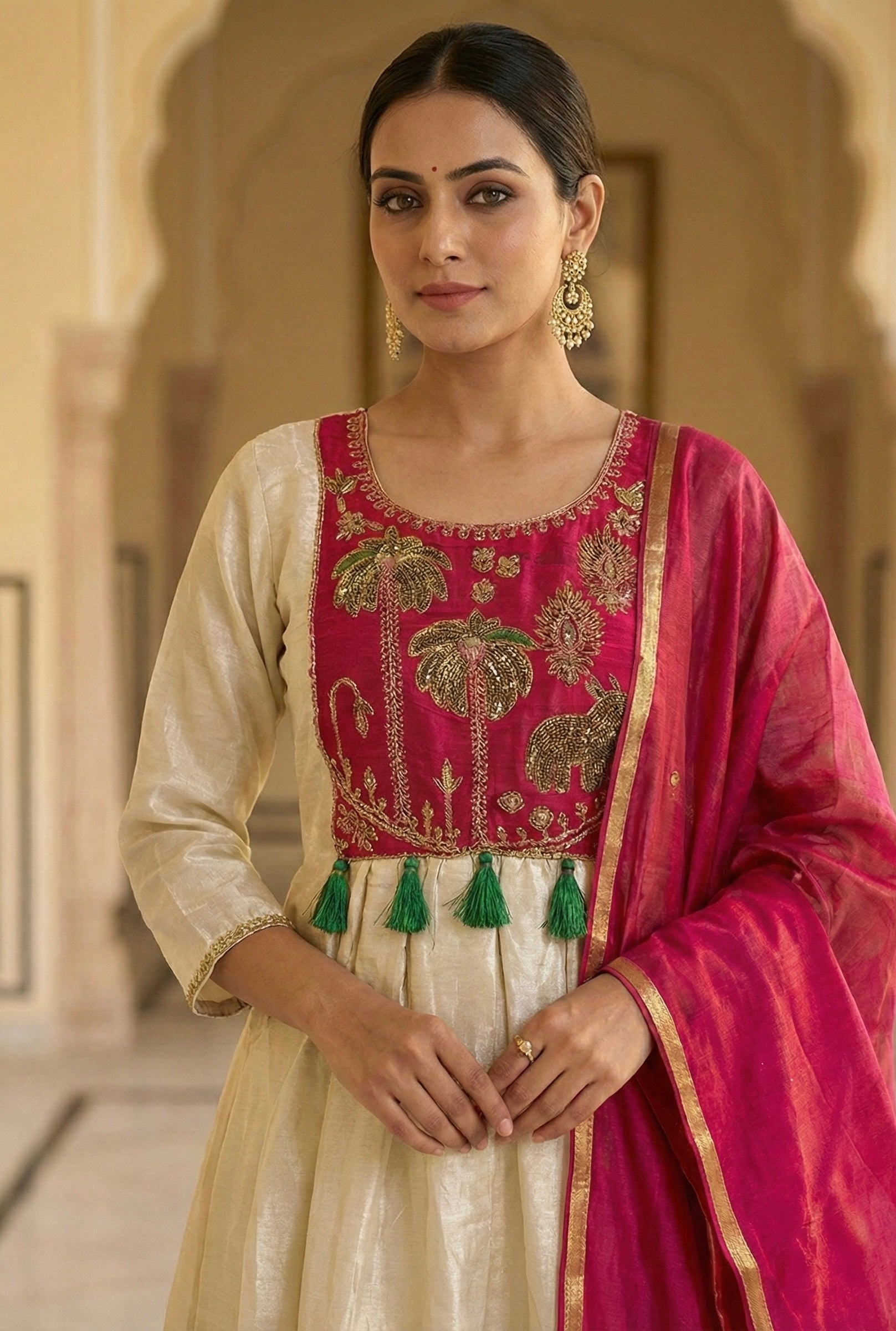 The Ivory Heritage: Tissue Jacquard Handwork Ghera Set with Glass Roman Dupatta