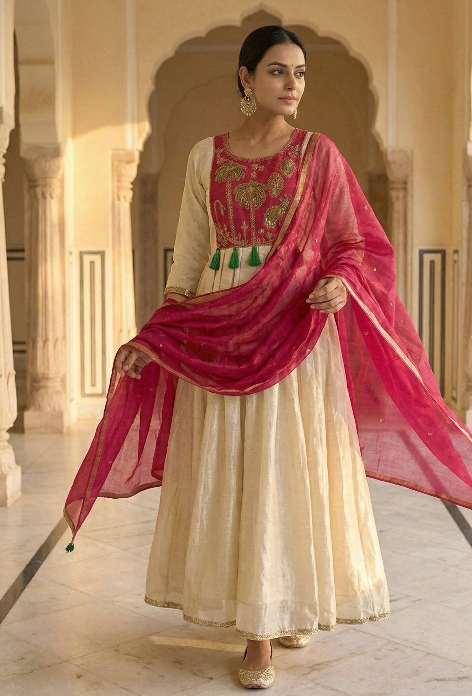 The Ivory Heritage: Tissue Jacquard Handwork Ghera Set with Glass Roman Dupatta