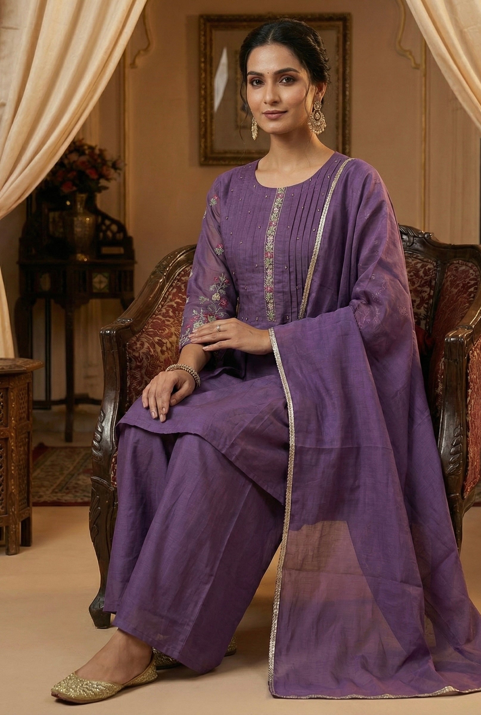 The Chanderi Edit: Hand-Embroidered Short Kurta & Palazzo Set