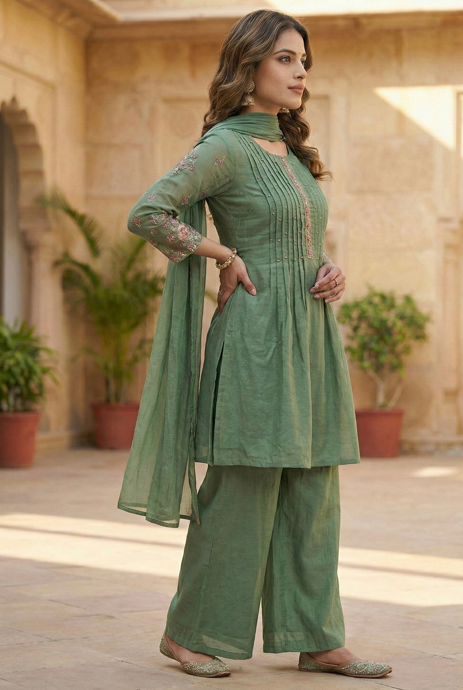 The Chanderi Edit: Hand-Embroidered Short Kurta & Palazzo Set