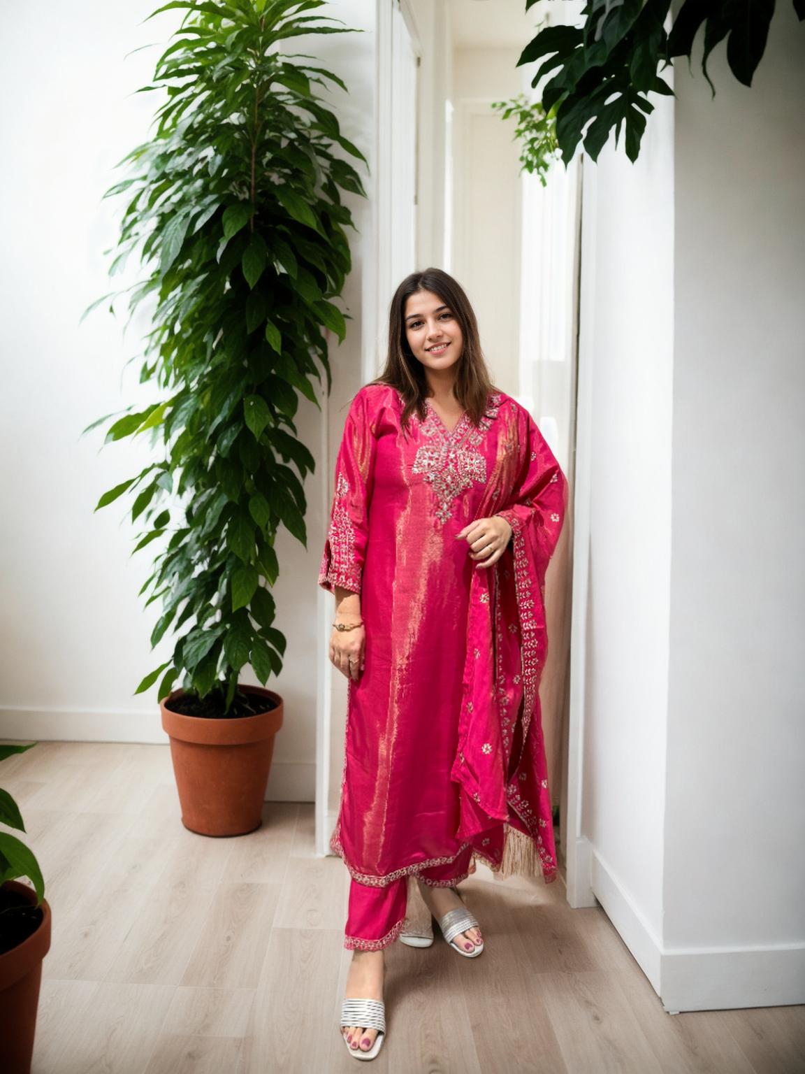 Shimmer Edition Roman Silk Suit Set – Embroidered Dupatta & Sleeves