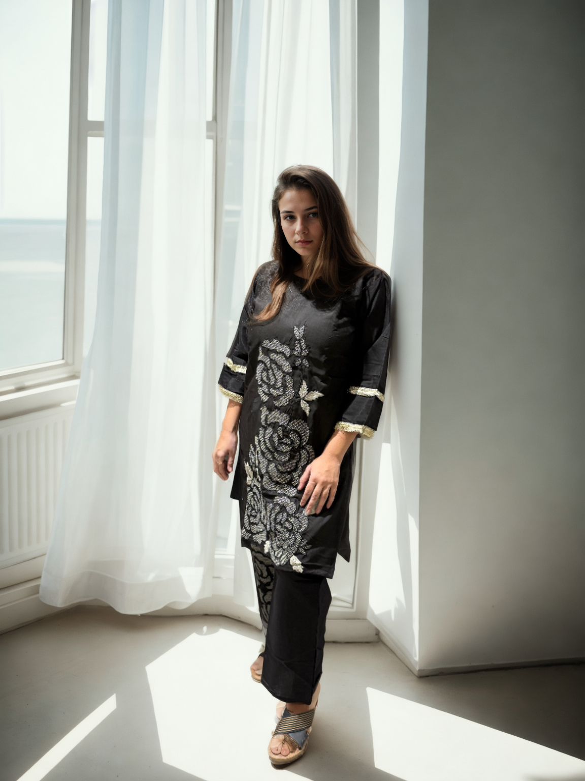 Black Roman Silk Floral Embroidered Co-ord Set with Inner & Pocketed Plazo