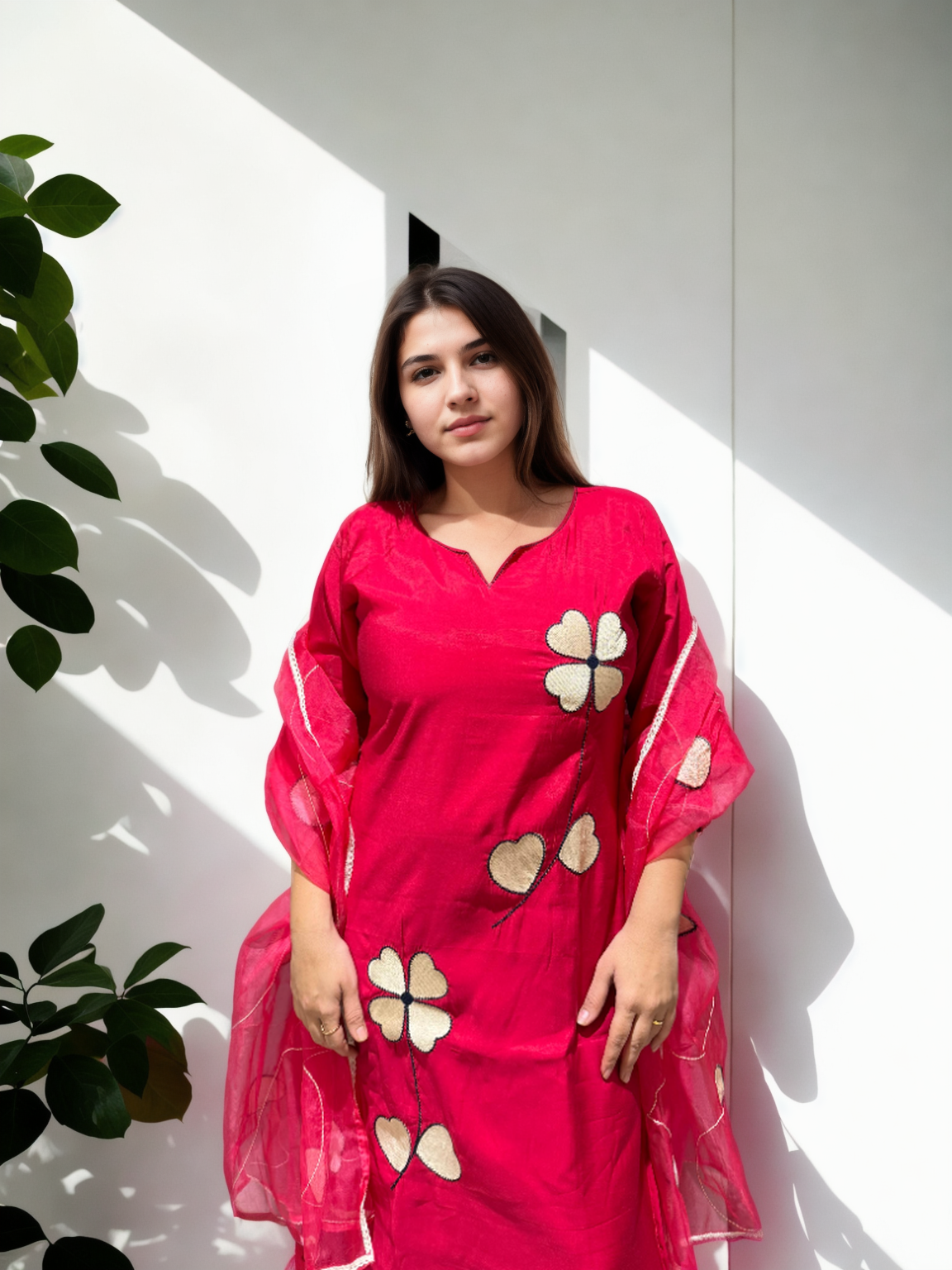 Heart Bloom Suit Set – Roman Silk with Organza Dupatta