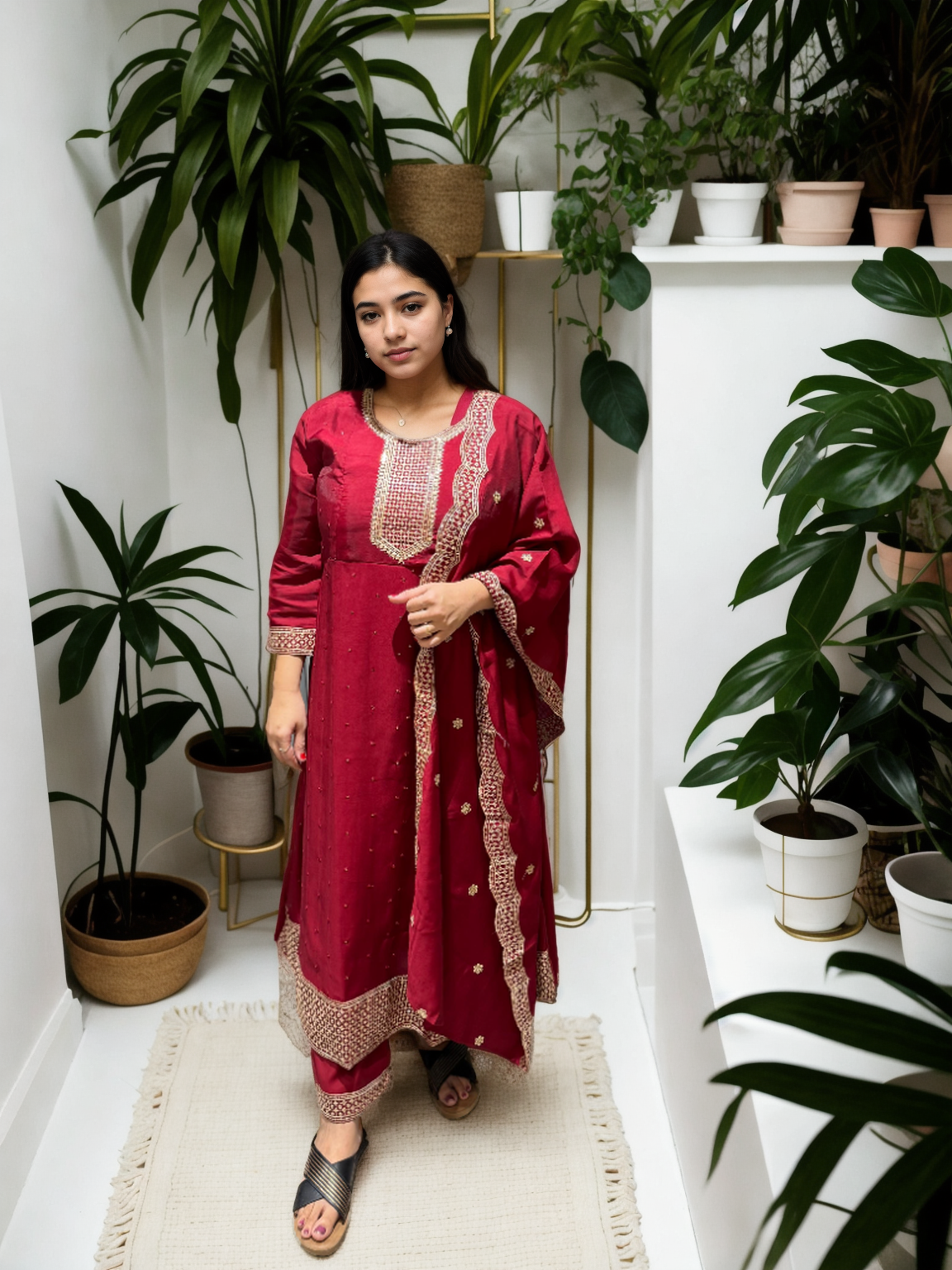 Roman Silk Ghera Suit with Embroidery & Dupatta