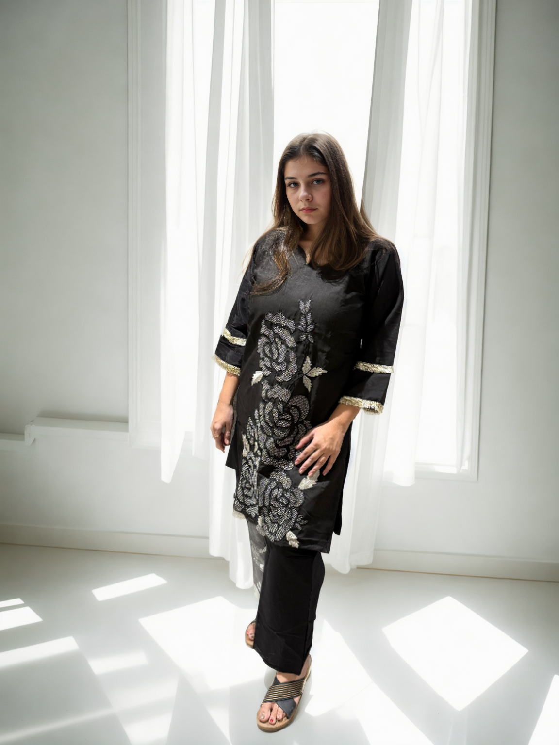 Black Roman Silk Floral Embroidered Co-ord Set with Inner & Pocketed Plazo