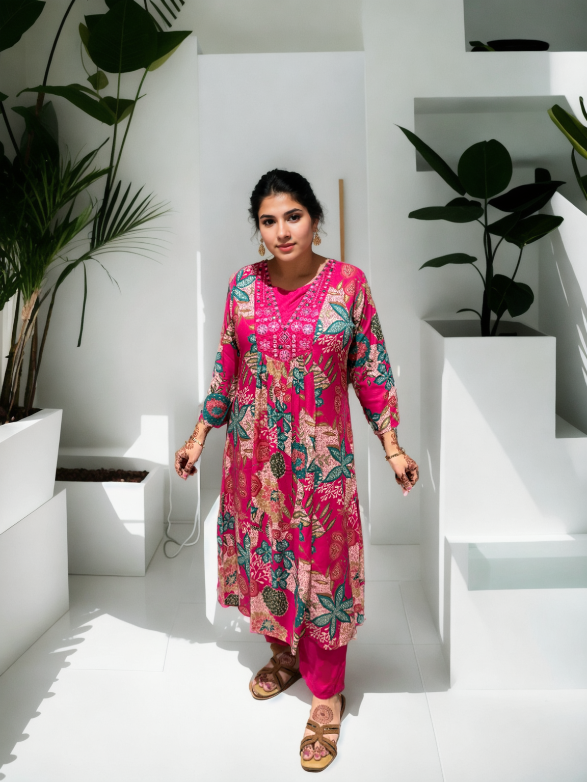 Cotton Ghera 3-Piece Suit Set with Embroidered Neck