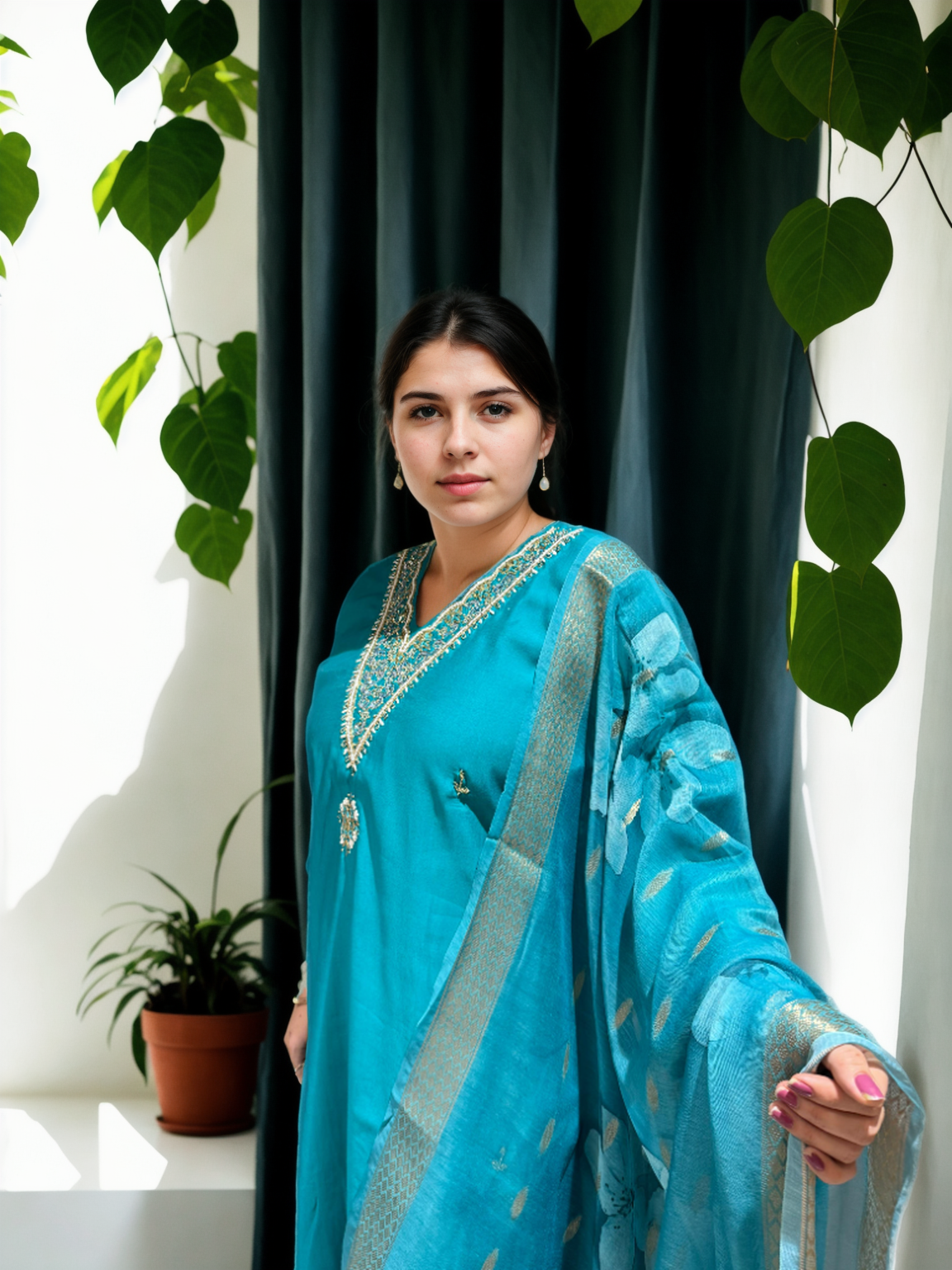 Elegant Roman Silk Suit Set with Handwork – 3 Colours | V-Neck | Chanderi Dupatta