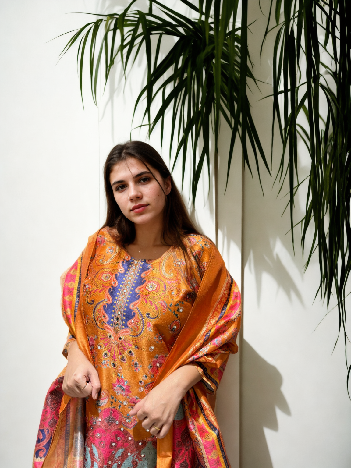 Gadwal Silk Print 3-Piece Suit Set — Saffron Paisley with Mirror Work