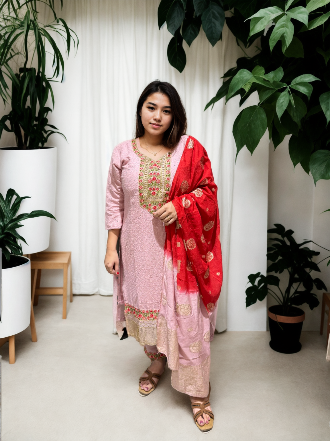 Elegant Roman Silk Suit with Chicken Work & Jacquard Dupatta