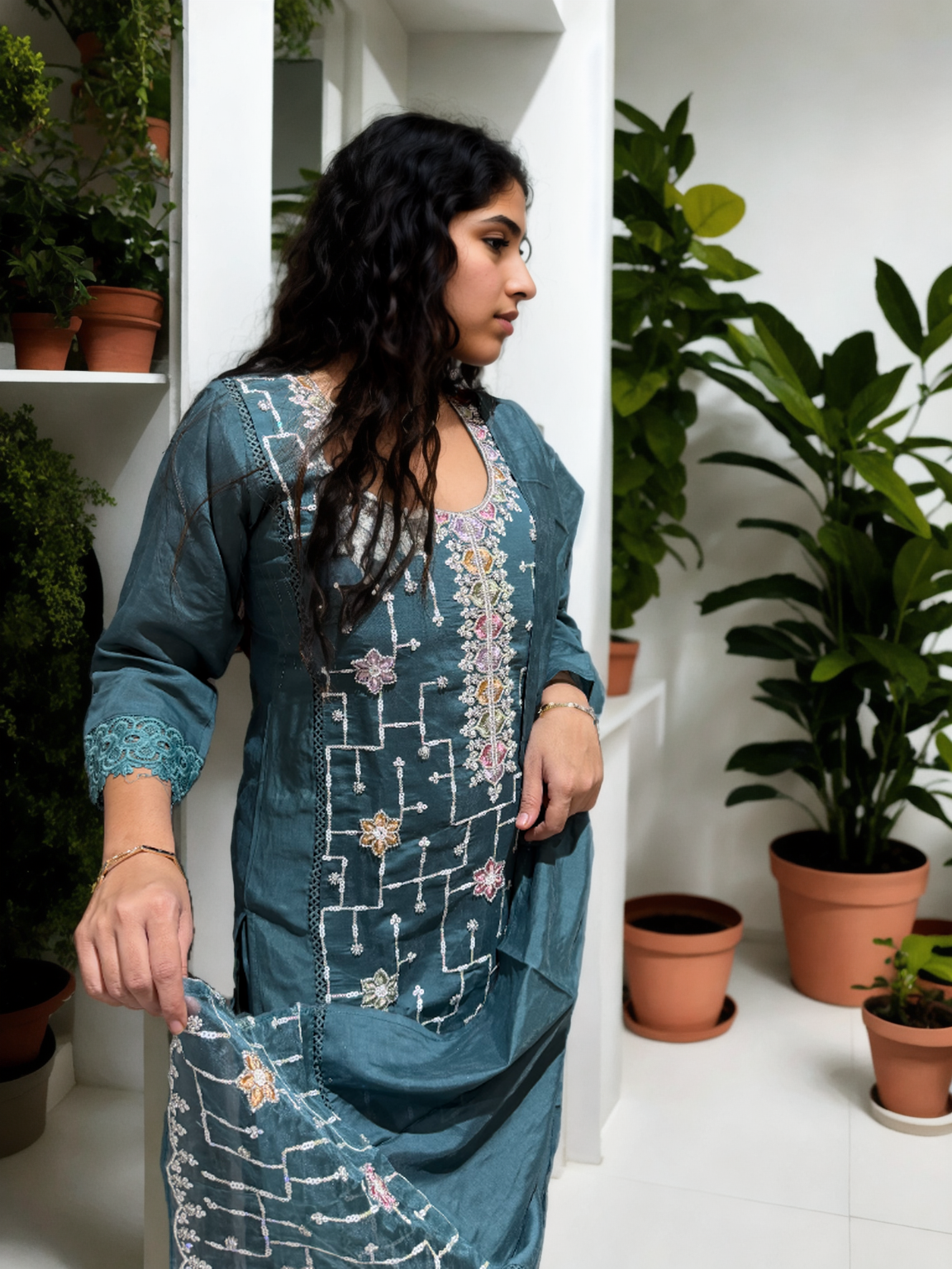 Elegant Beads Work Suit Set on Roman Silk – Available in Pink, Teal Blue & Beige