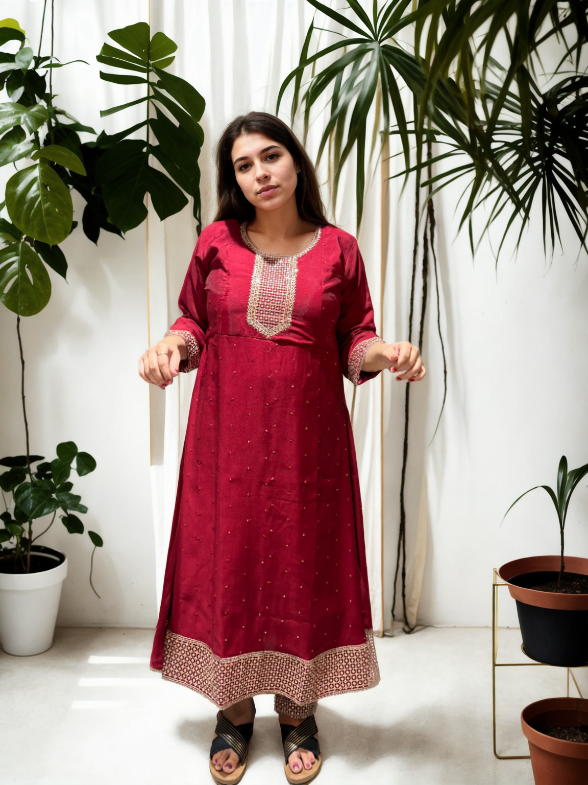 Roman Silk Ghera Suit with Embroidery & Dupatta