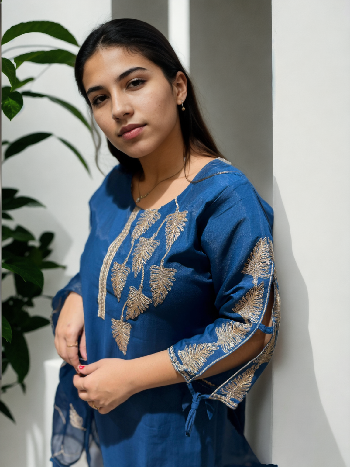 Roman Silk Kurta Set with Golden Embroidery & Organza Dupatta