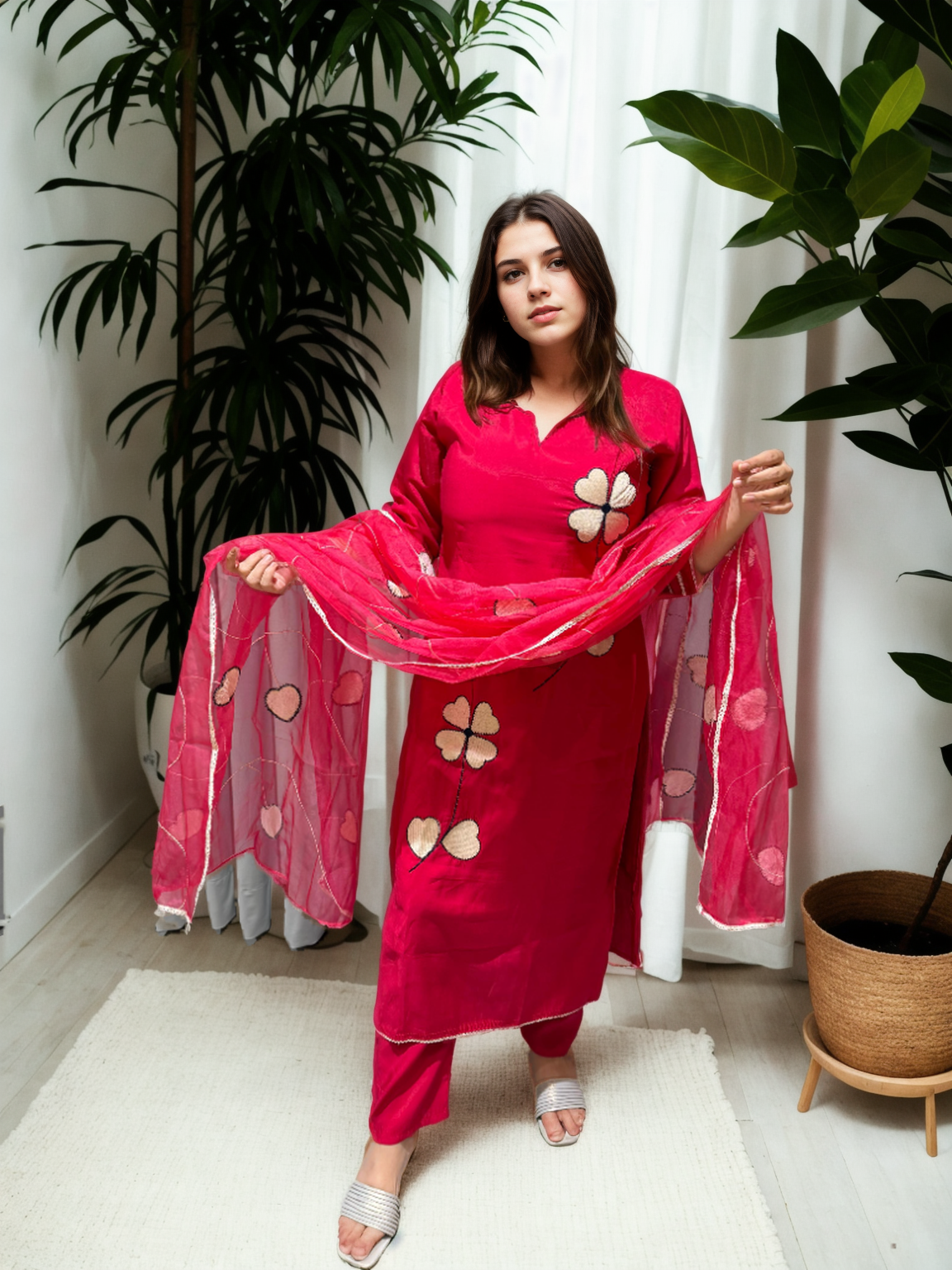 Heart Bloom Suit Set – Roman Silk with Organza Dupatta