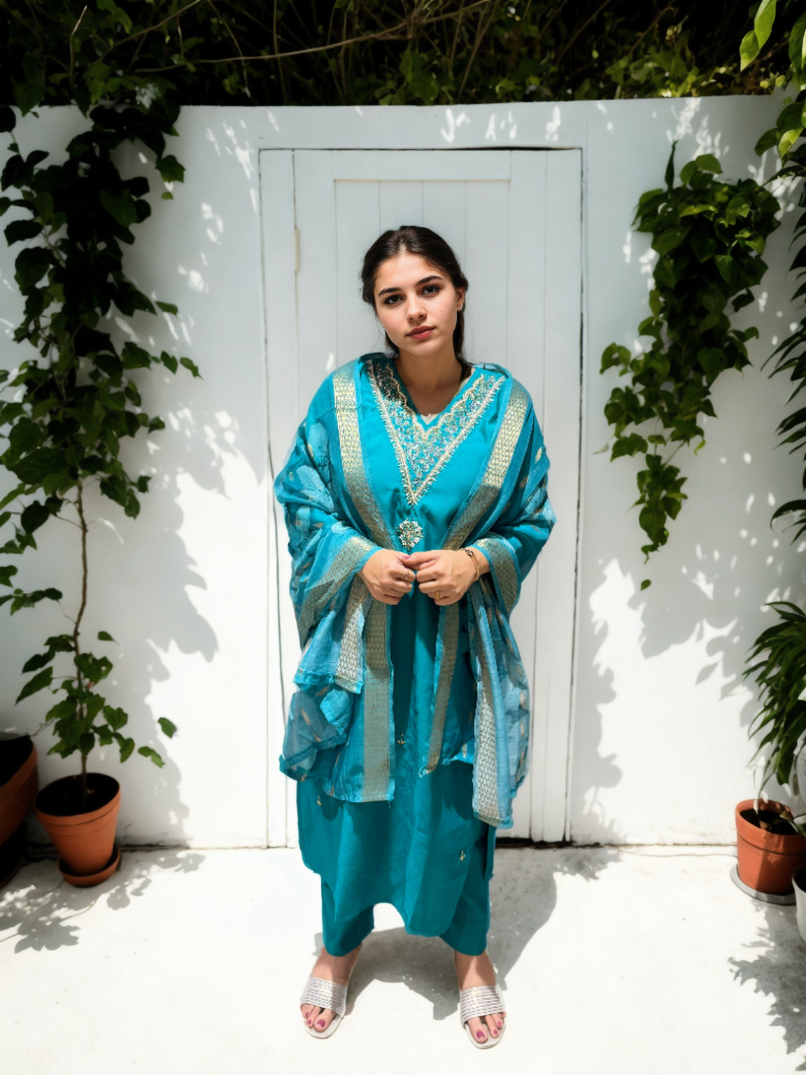 Elegant Roman Silk Suit Set with Handwork – 3 Colours | V-Neck | Chanderi Dupatta