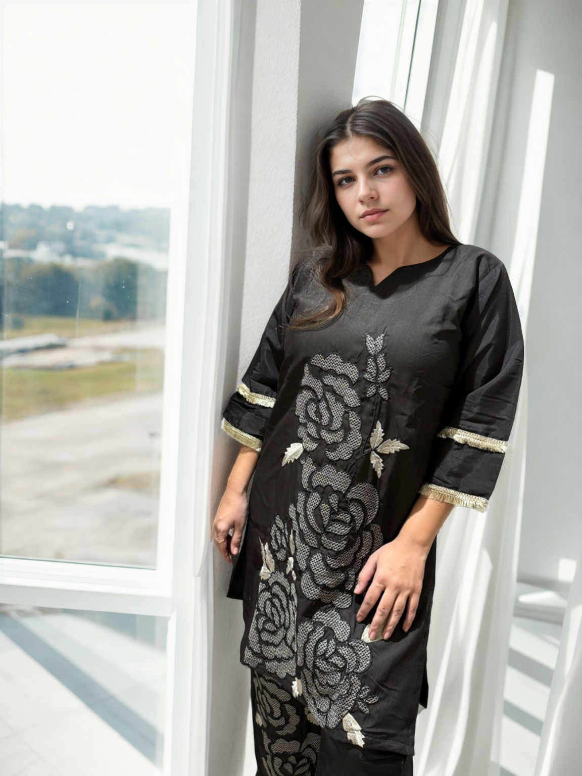 Black Roman Silk Floral Embroidered Co-ord Set with Inner & Pocketed Plazo