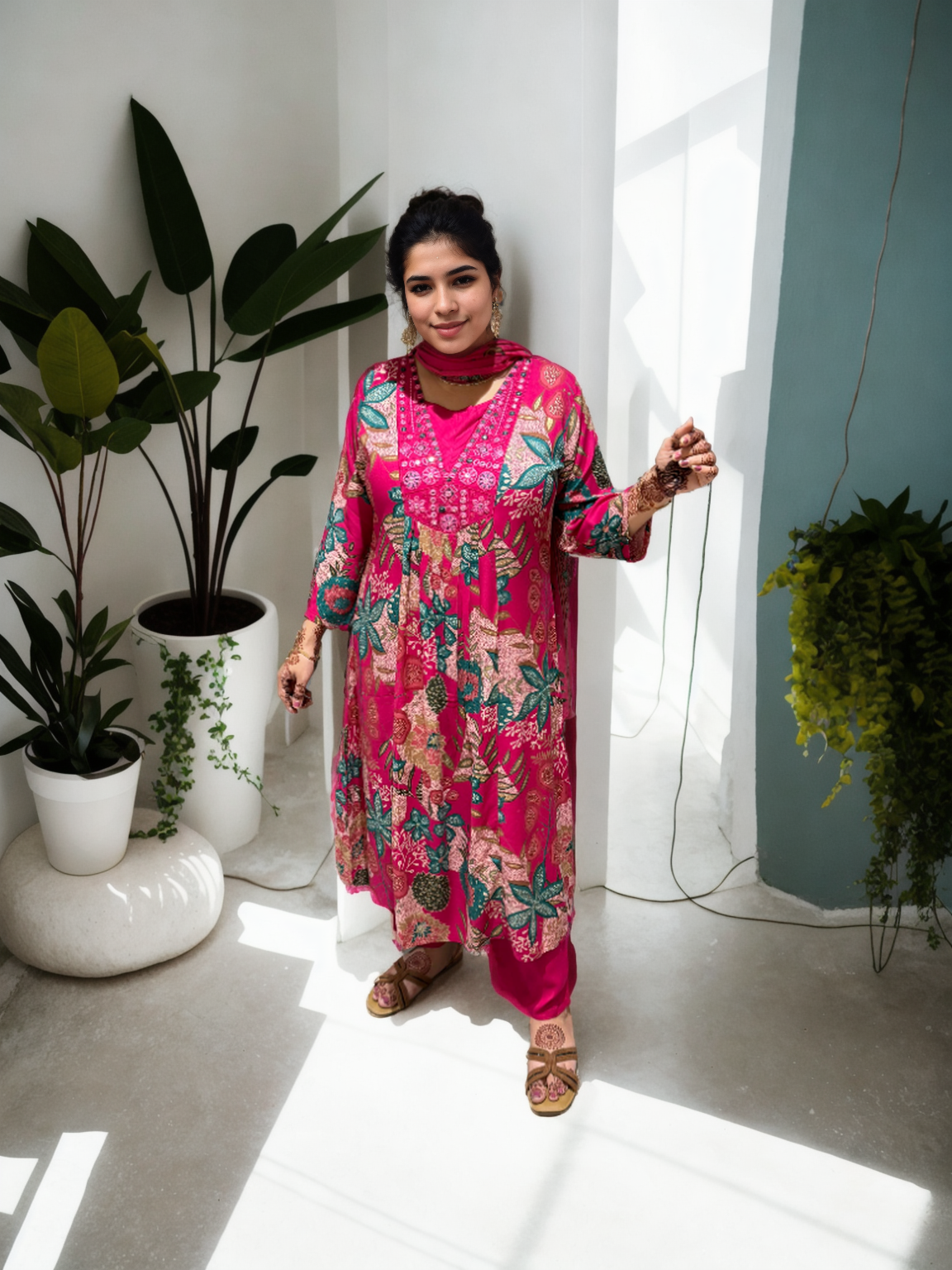 Cotton Ghera 3-Piece Suit Set with Embroidered Neck