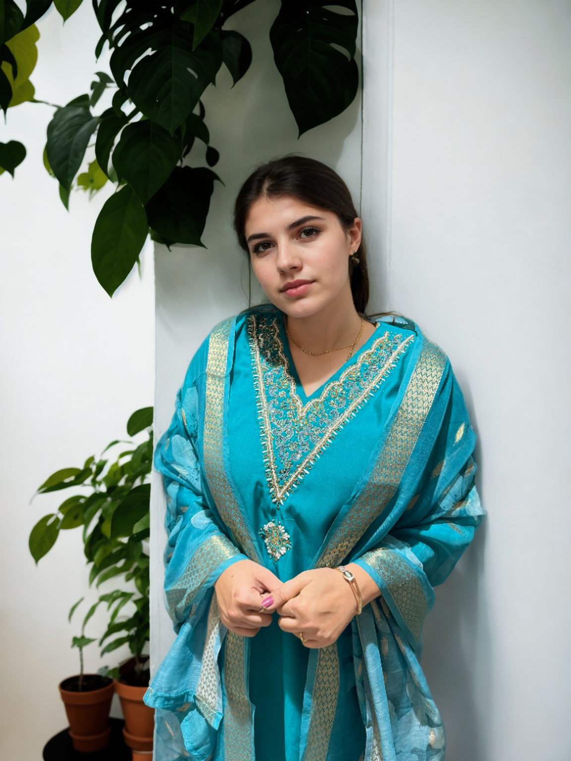 Elegant Roman Silk Suit Set with Handwork – 3 Colours | V-Neck | Chanderi Dupatta