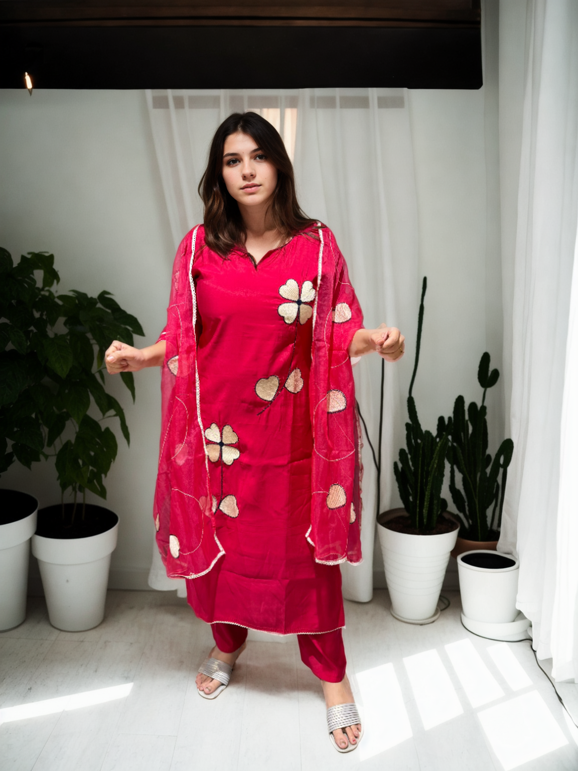 Heart Bloom Suit Set – Roman Silk with Organza Dupatta
