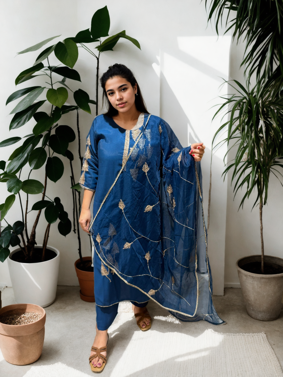 Roman Silk Kurta Set with Golden Embroidery & Organza Dupatta