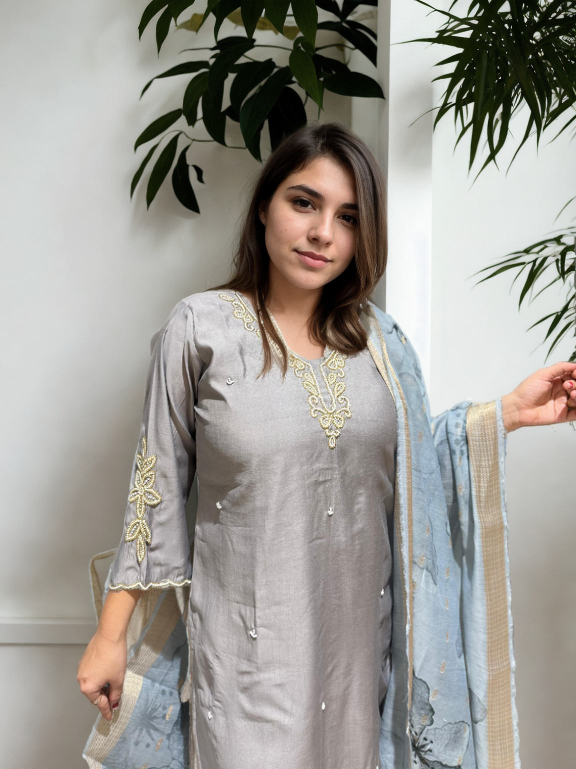 Pure Pearl Handwork Roman Silk Suit Set with Chanderi Dupatta (M-5xl)