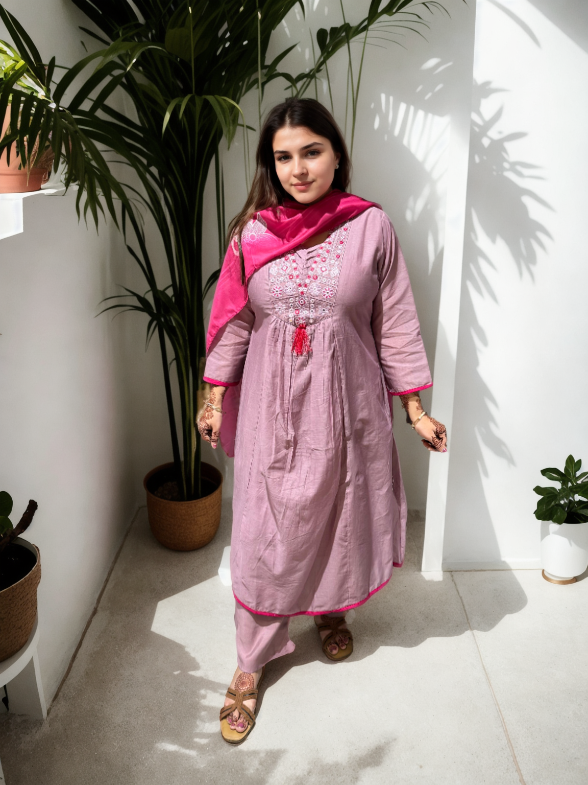 Muk Chanderi 3-Piece Suit Set with Embroidered Neck & Side Pocket