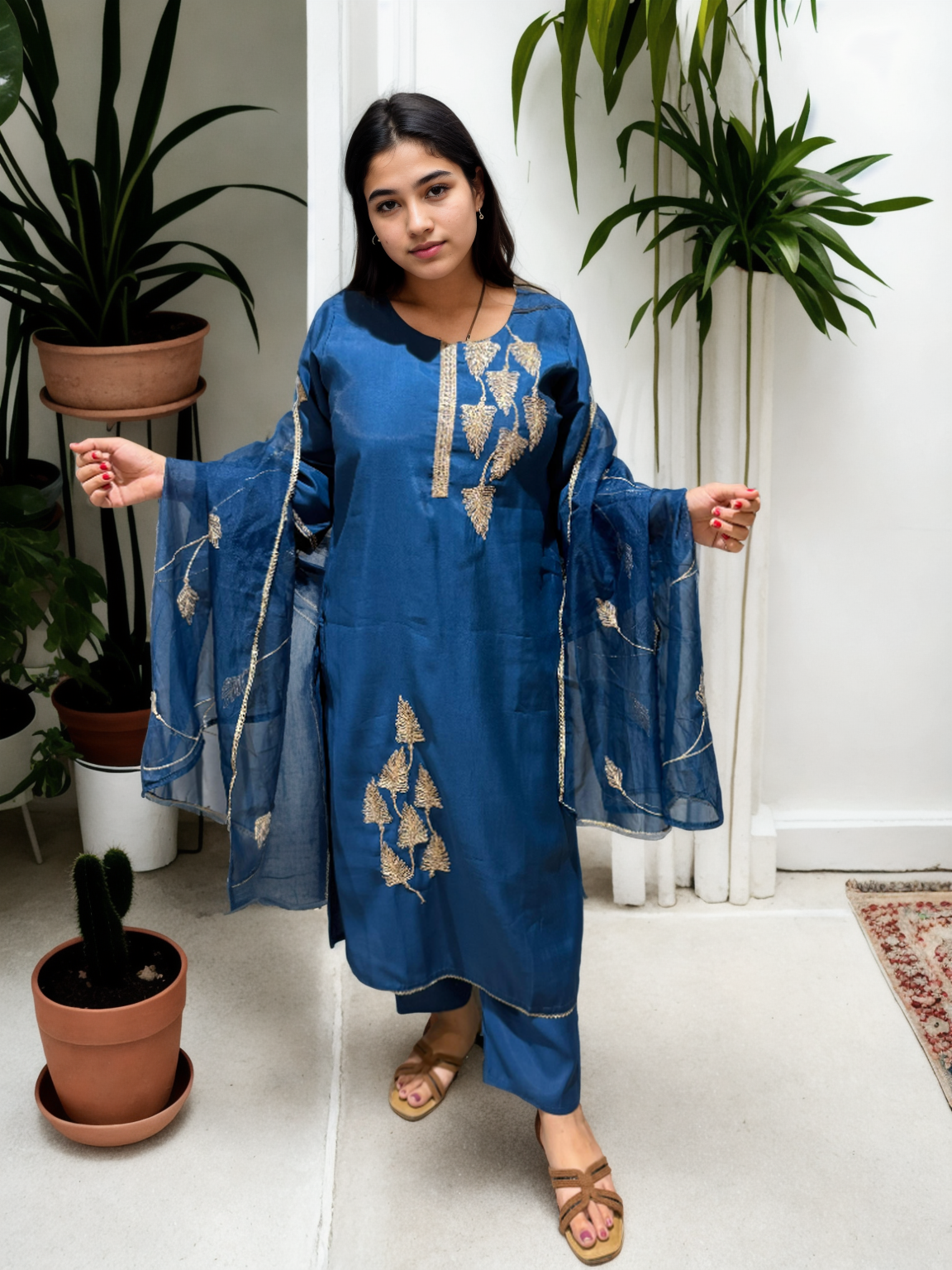 Roman Silk Kurta Set with Golden Embroidery & Organza Dupatta