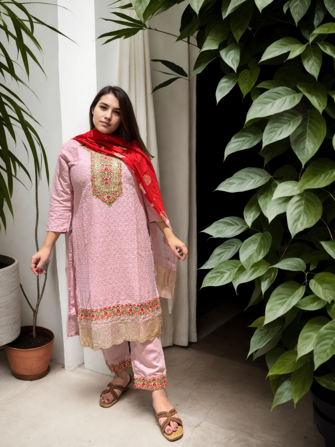 Elegant Roman Silk Suit with Chicken Work & Jacquard Dupatta