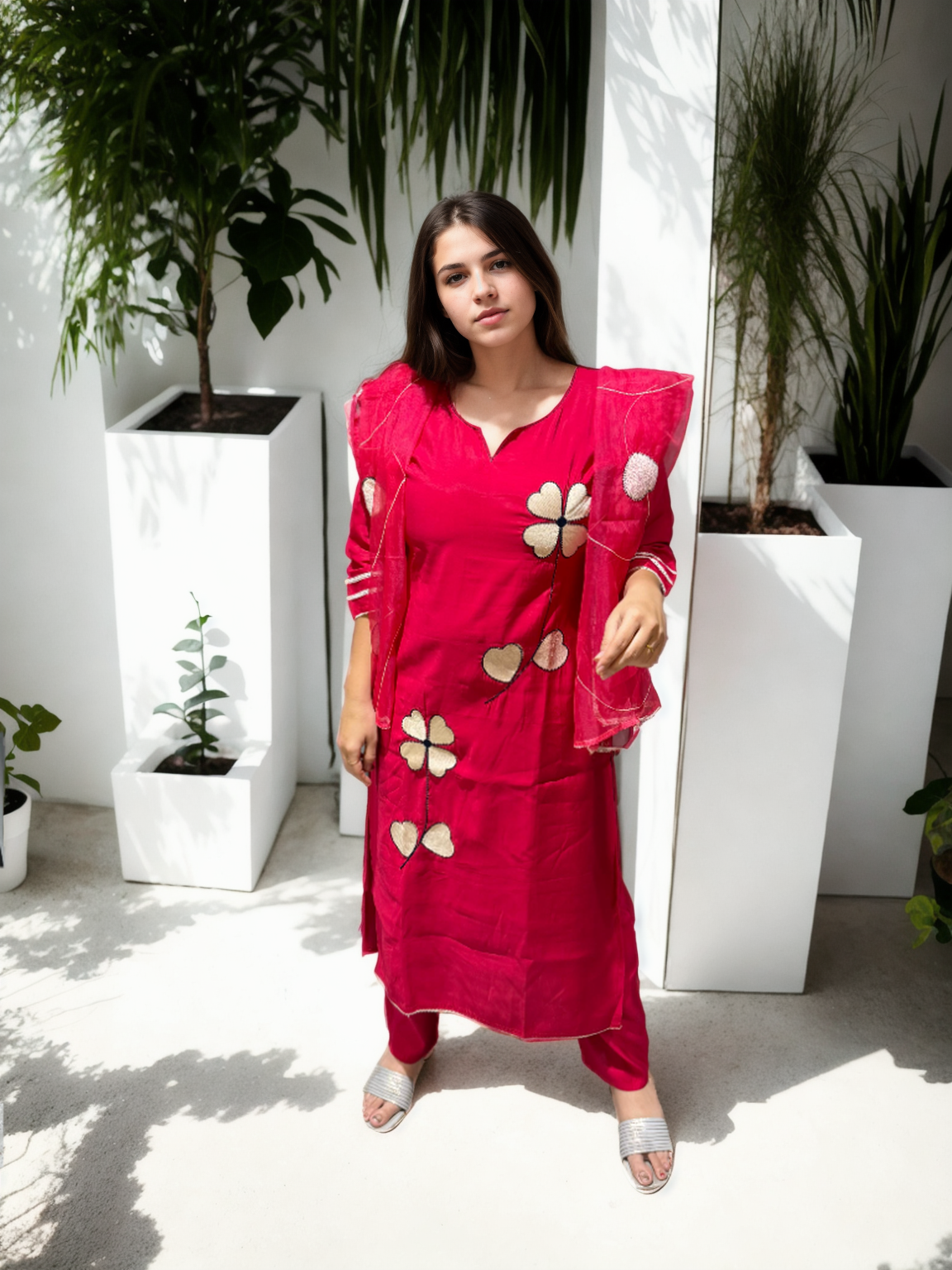 Heart Bloom Suit Set – Roman Silk with Organza Dupatta
