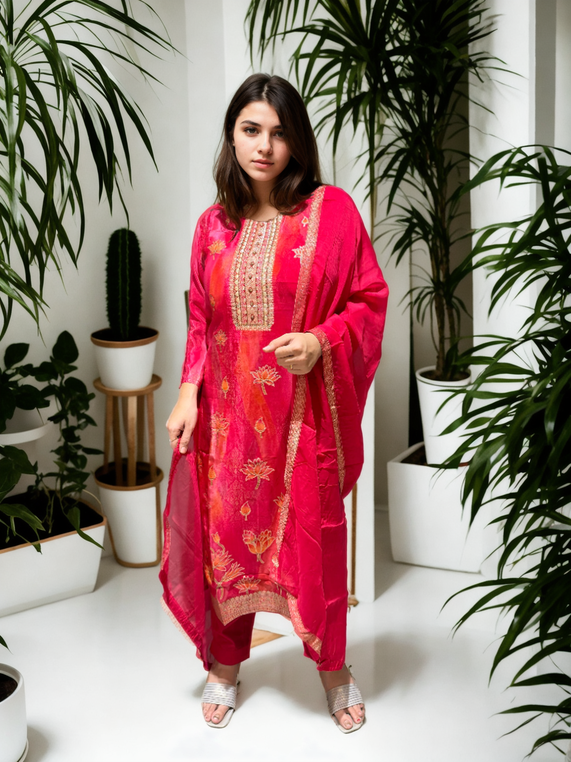 Rani Pink Silk Suit with Lotus Embroidery & Organza Dupatta